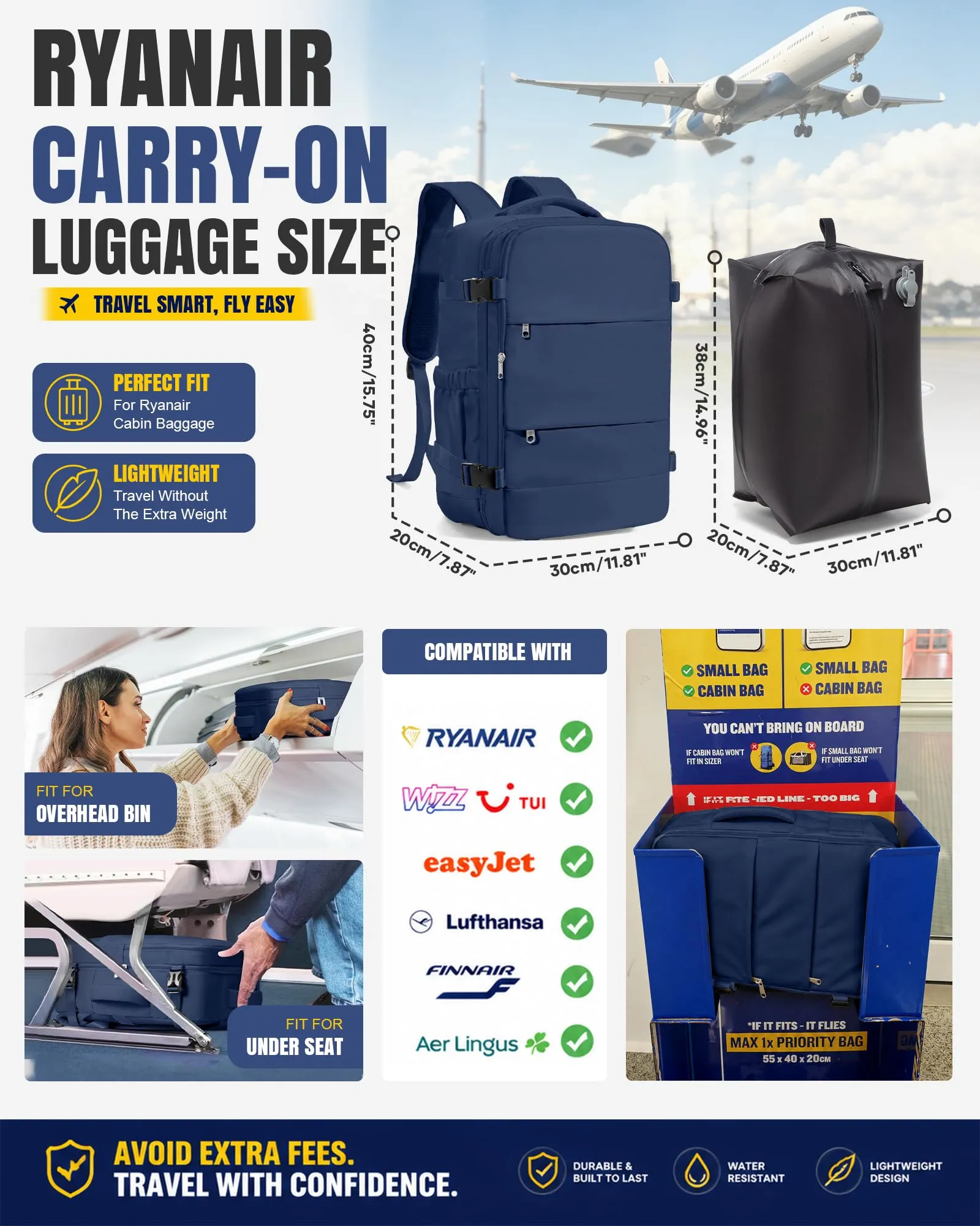 BJLFS Zaino da Viaggio Ryanair 40x30x20 Sottovuoto con Pompa Elettrica - immagine 3