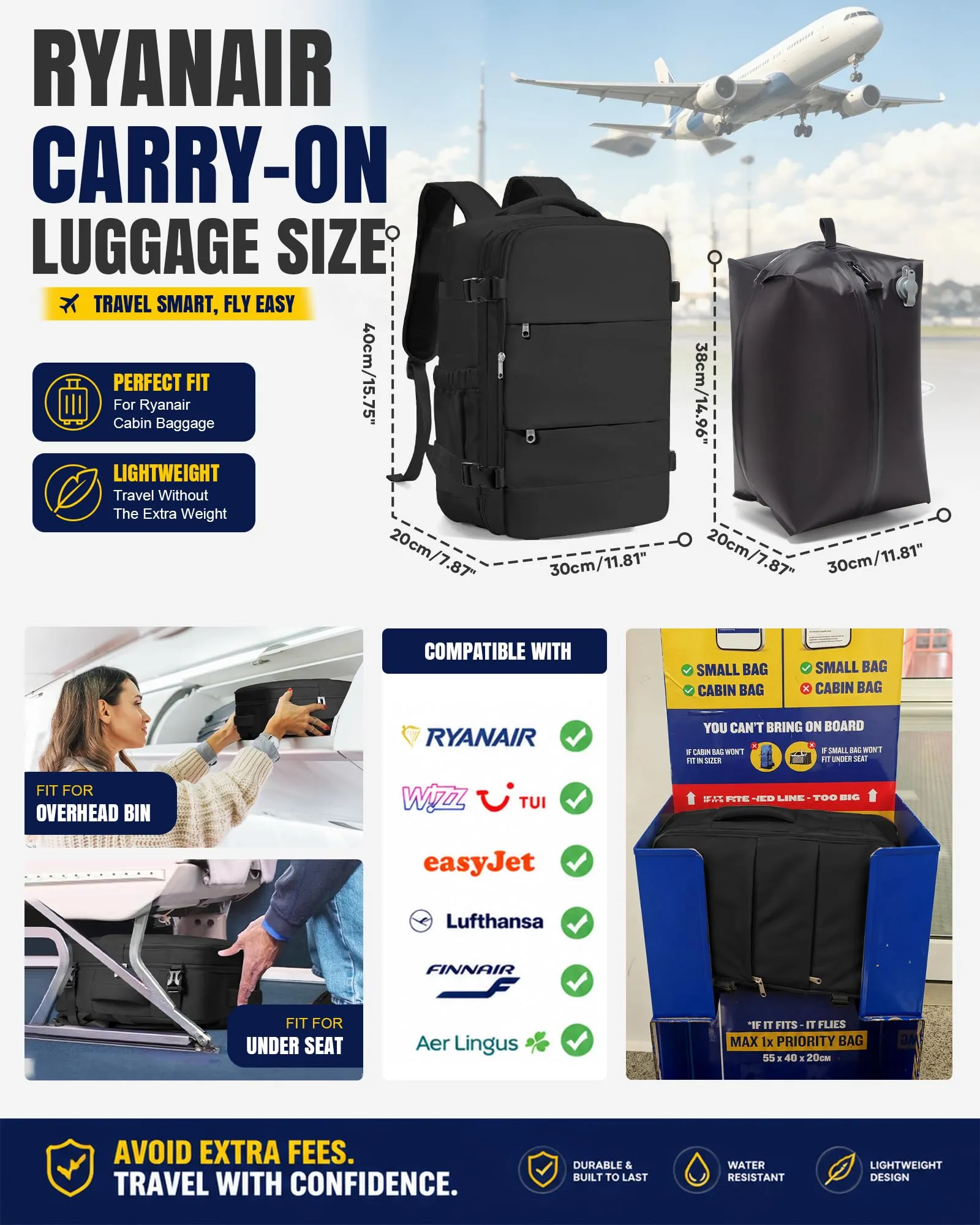 BJLFS Zaino da Viaggio Ryanair 40x30x20 Sottovuoto con Pompa Elettrica - immagine 3