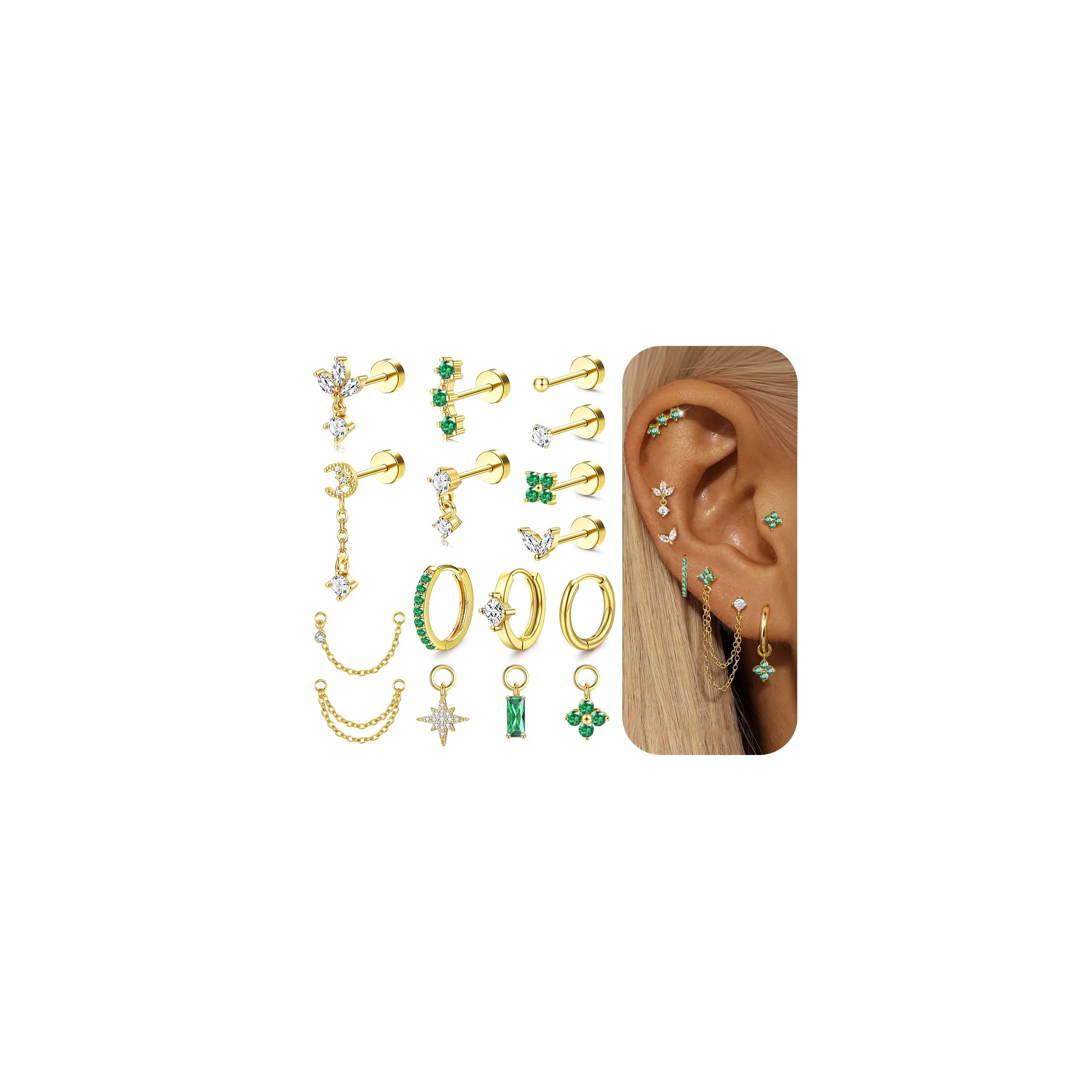 Milacolato Set Piercing Orecchio Acciaio Chirurgico 316L 20G (0.8mm) - 16 Pezzi - immagine 1