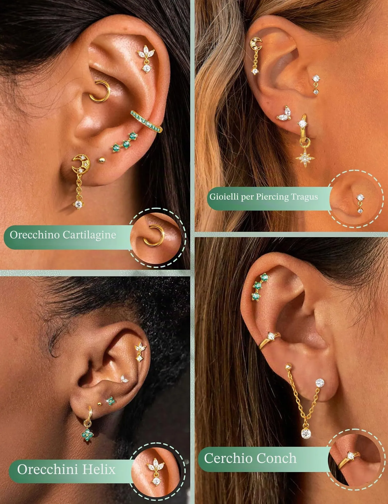 Milacolato Set Piercing Orecchio Acciaio Chirurgico 316L 20G (0.8mm) - 16 Pezzi - immagine 2