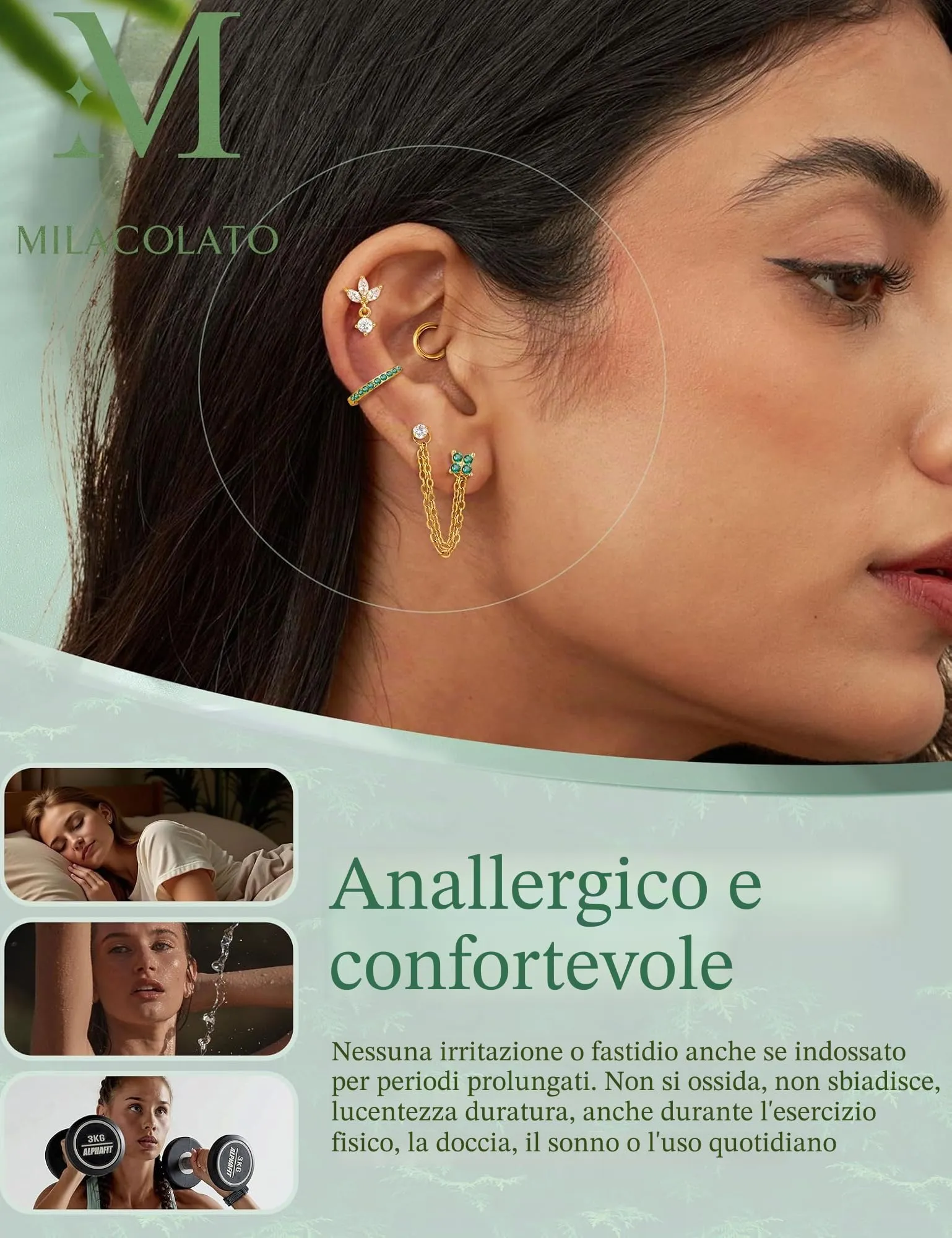 Milacolato Set Piercing Orecchio Acciaio Chirurgico 316L 20G (0.8mm) - 16 Pezzi - immagine 4