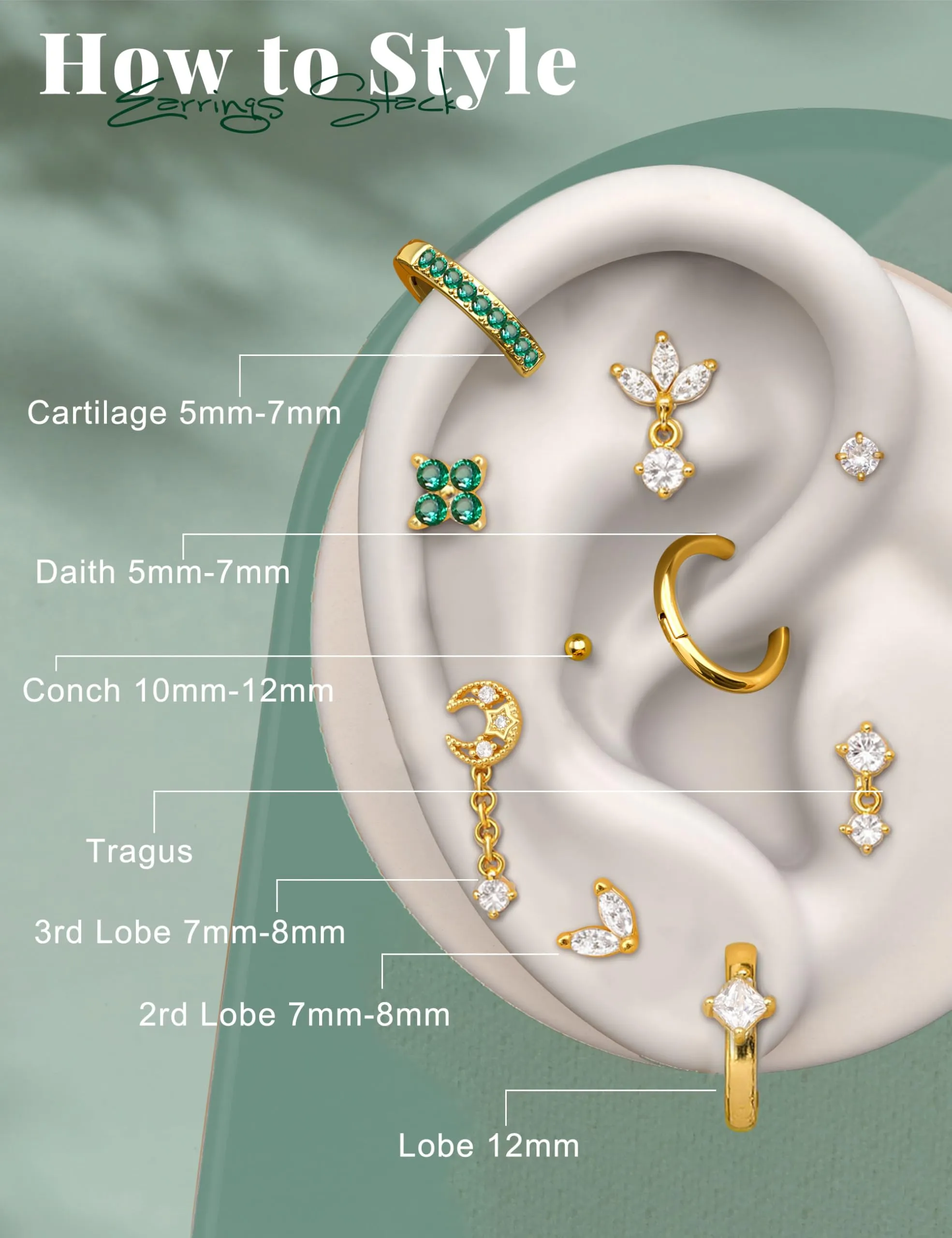 Milacolato Set Piercing Orecchio Acciaio Chirurgico 316L 20G (0.8mm) - 16 Pezzi - immagine 5