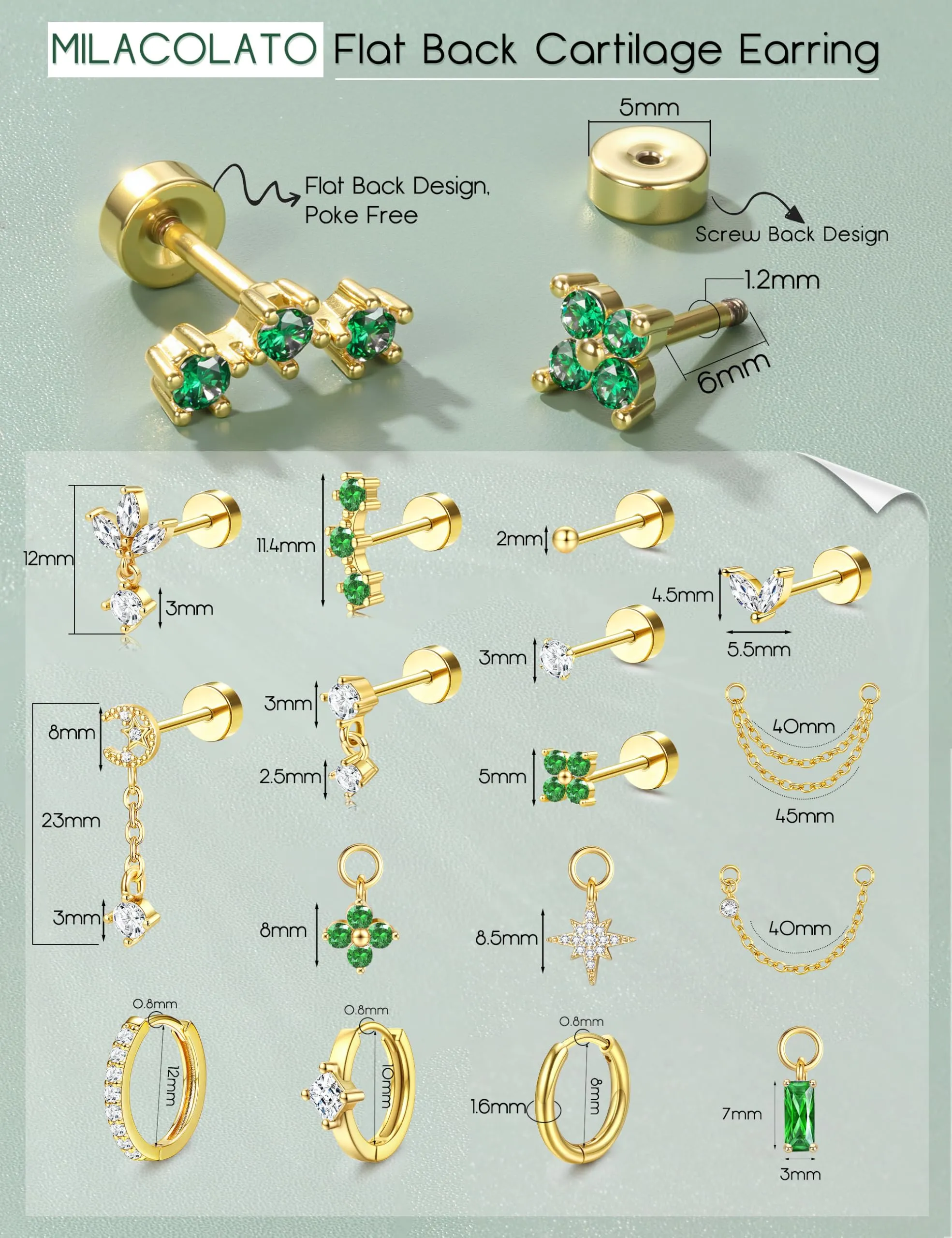 Milacolato Set Piercing Orecchio Acciaio Chirurgico 316L 20G (0.8mm) - 16 Pezzi - immagine 6