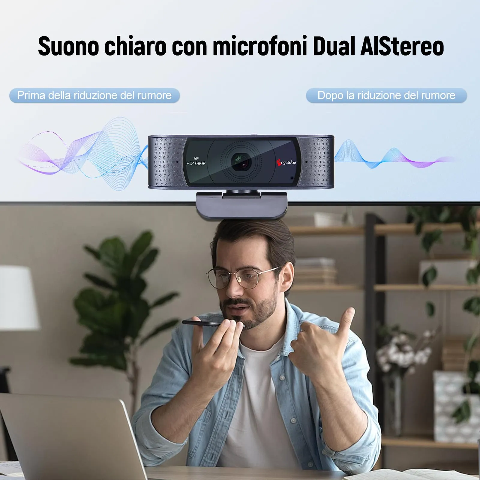 Angetube Webcam Full HD 1080P con autofocus, doppio microfono a cancellazione di rumore e copertura protettiva integrata - immagine 4