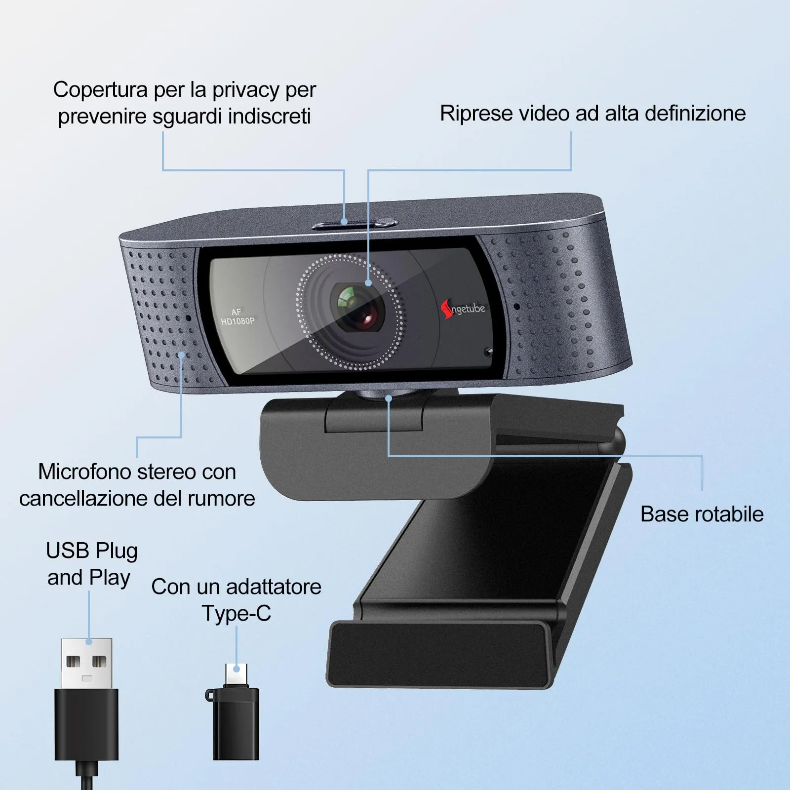 Angetube Webcam Full HD 1080P con autofocus, doppio microfono a cancellazione di rumore e copertura protettiva integrata - immagine 5