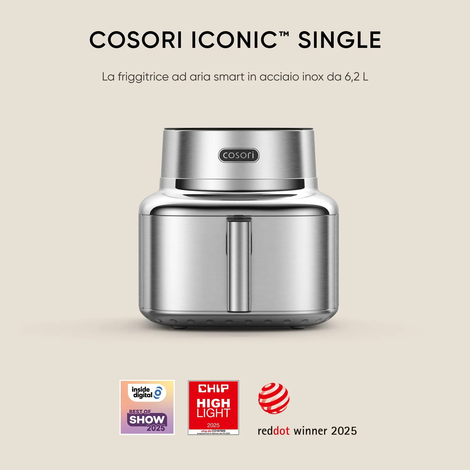 Cosori Iconic Single Friggitrice ad Aria, 6,2 Litri, Acciaio Inossidabile - immagine 2
