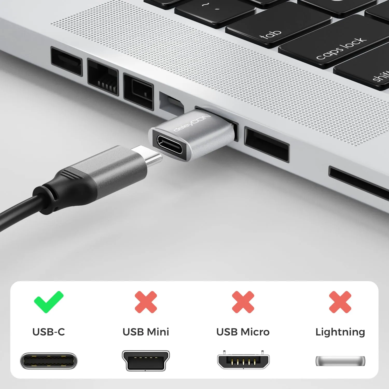 deleyCON Adattatore USB-C a USB-A 3.0 5 Gbps (3 Pezzi) per iPhone 17/16/15, iPad, Samsung Galaxy S25/S24/S23, A56, A16, Laptop e CarPlay - immagine 2