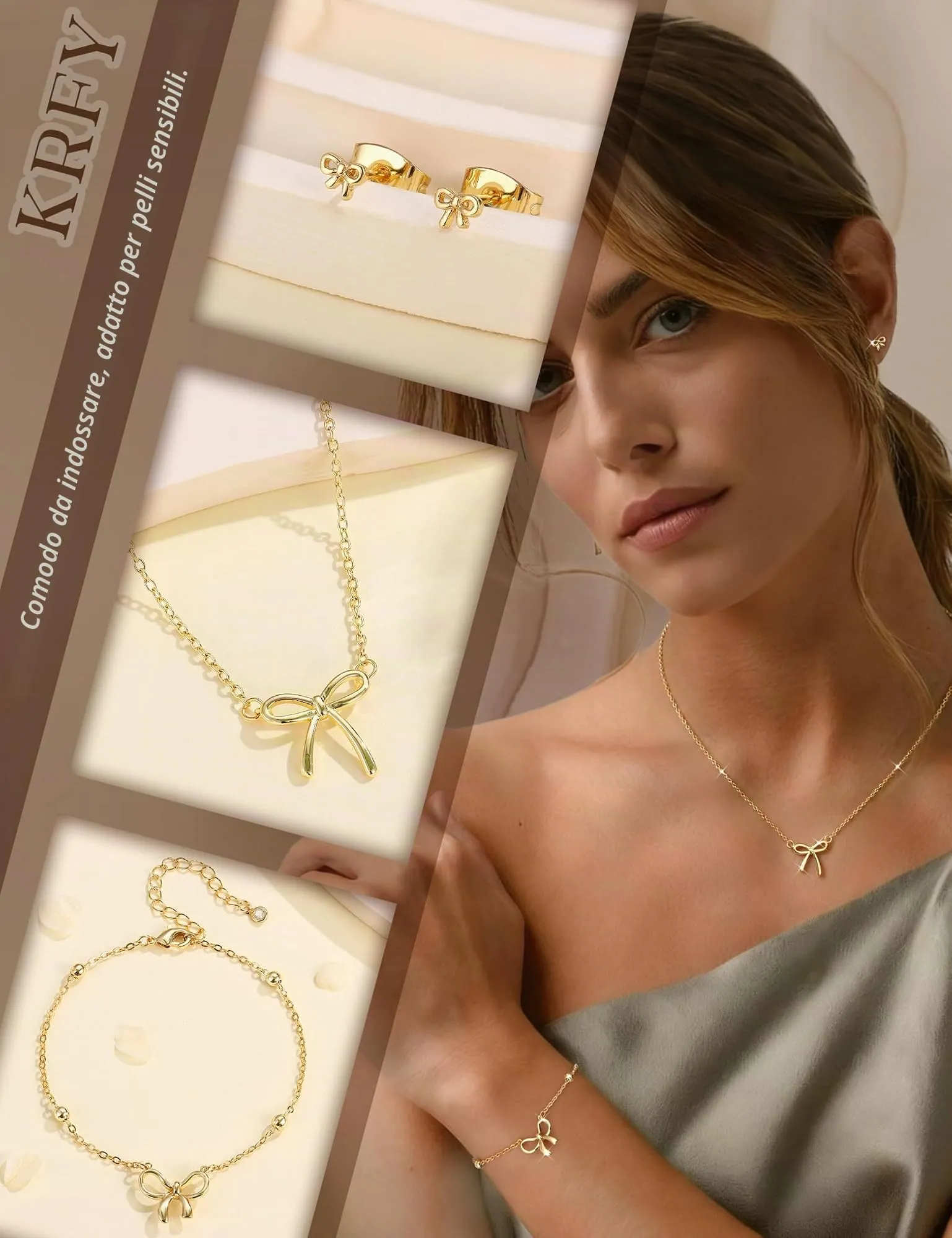 KRFY Set di Gioielli in Acciaio Inossidabile con Fiocco, Collana, Bracciale e Orecchini - Oro - immagine 4