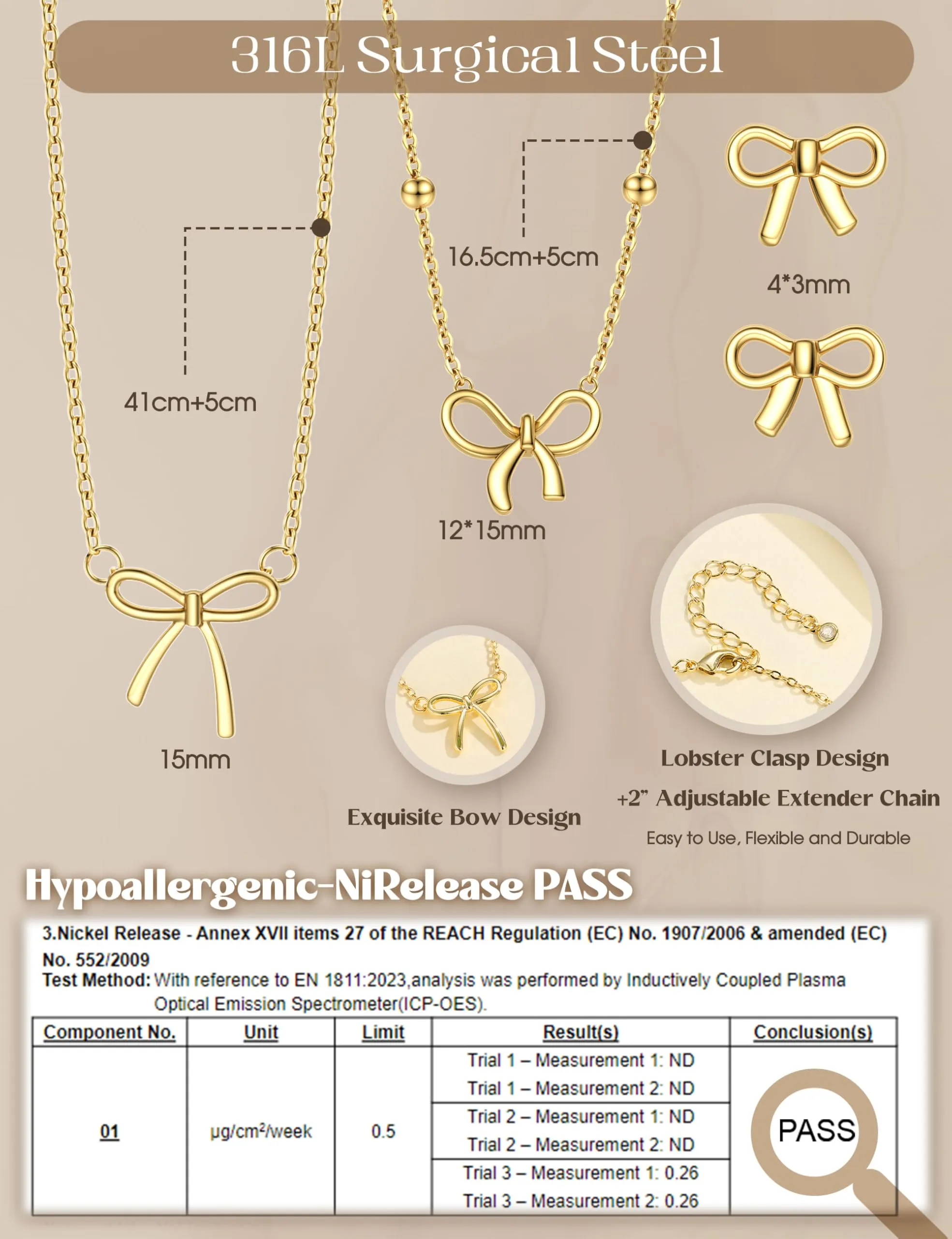 KRFY Set di Gioielli in Acciaio Inossidabile con Fiocco, Collana, Bracciale e Orecchini - Oro - immagine 5