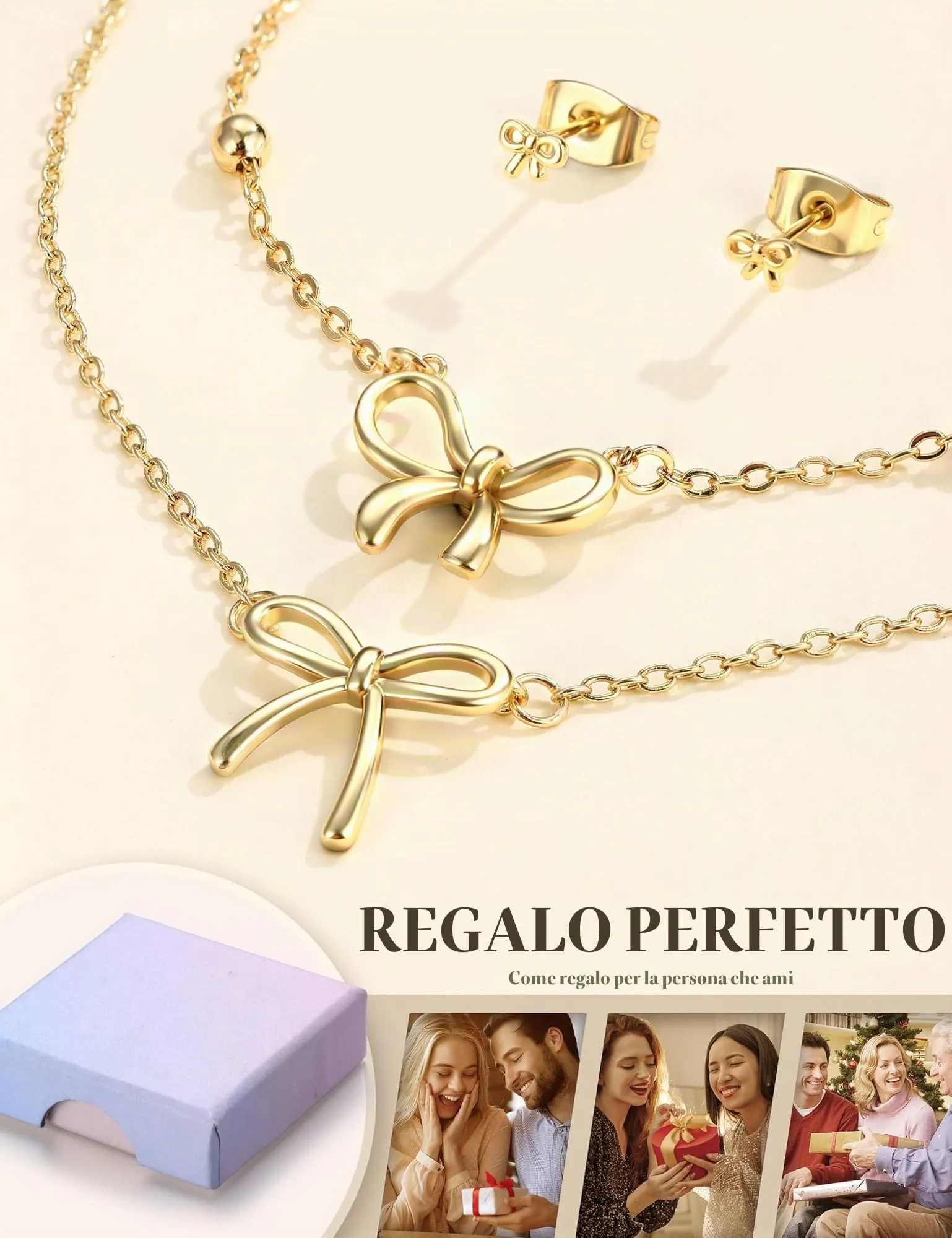 KRFY Set di Gioielli in Acciaio Inossidabile con Fiocco, Collana, Bracciale e Orecchini - Oro - immagine 6
