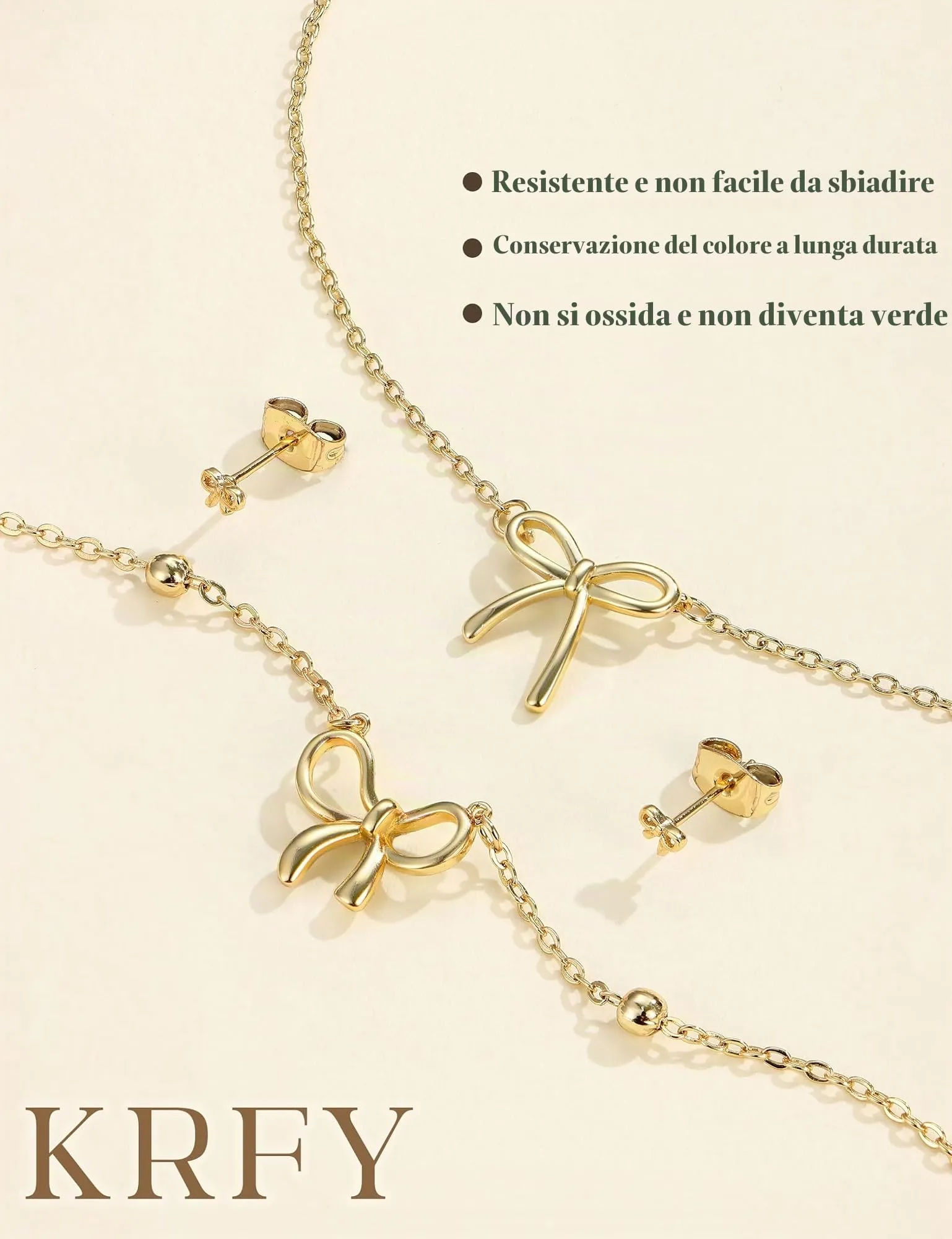 KRFY Set di Gioielli in Acciaio Inossidabile con Fiocco, Collana, Bracciale e Orecchini - Oro - immagine 8