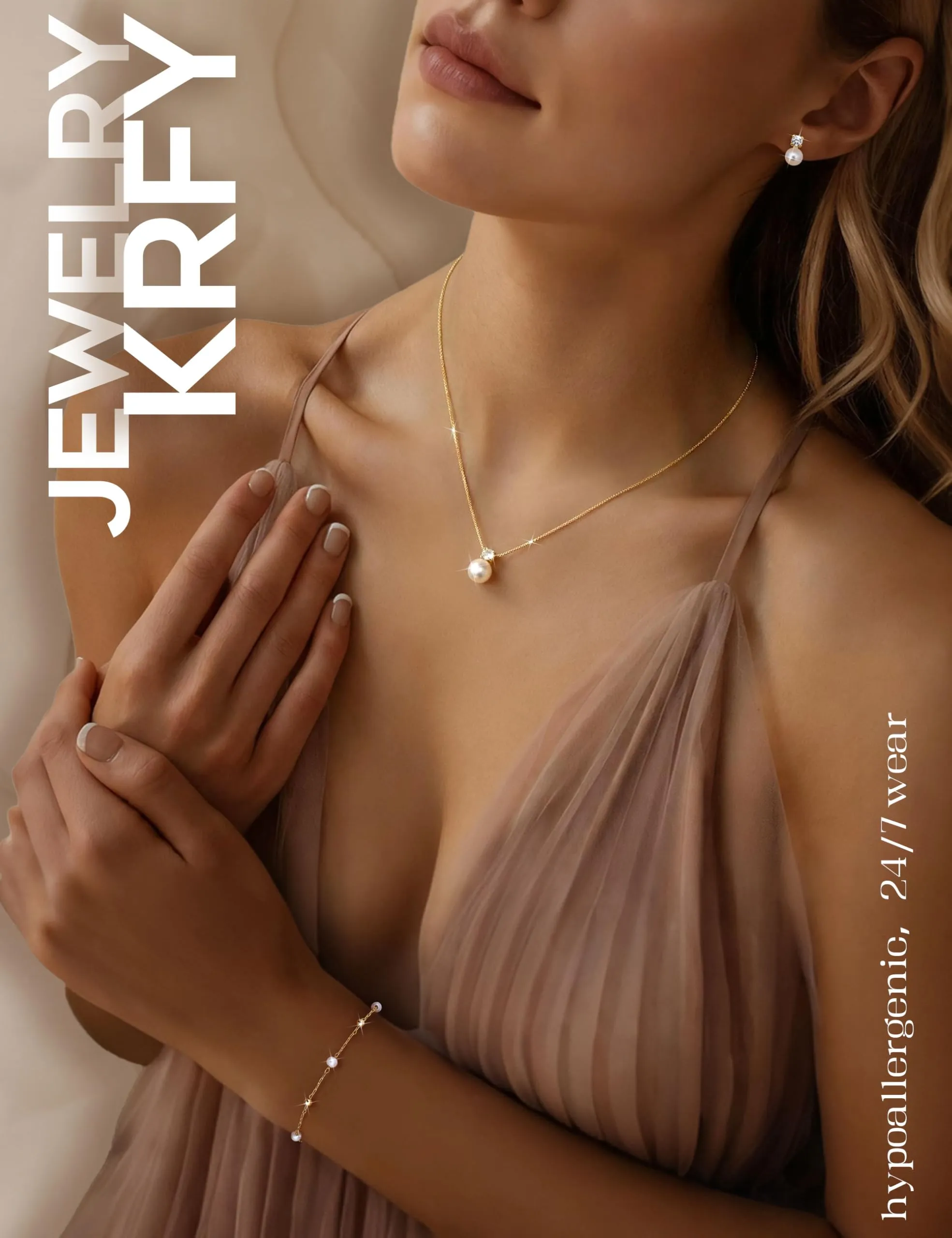 KRFY Set di Gioielli in Acciaio Inossidabile con Perle e CZ, Collana, Bracciale e Orecchini - Oro Perla - immagine 2