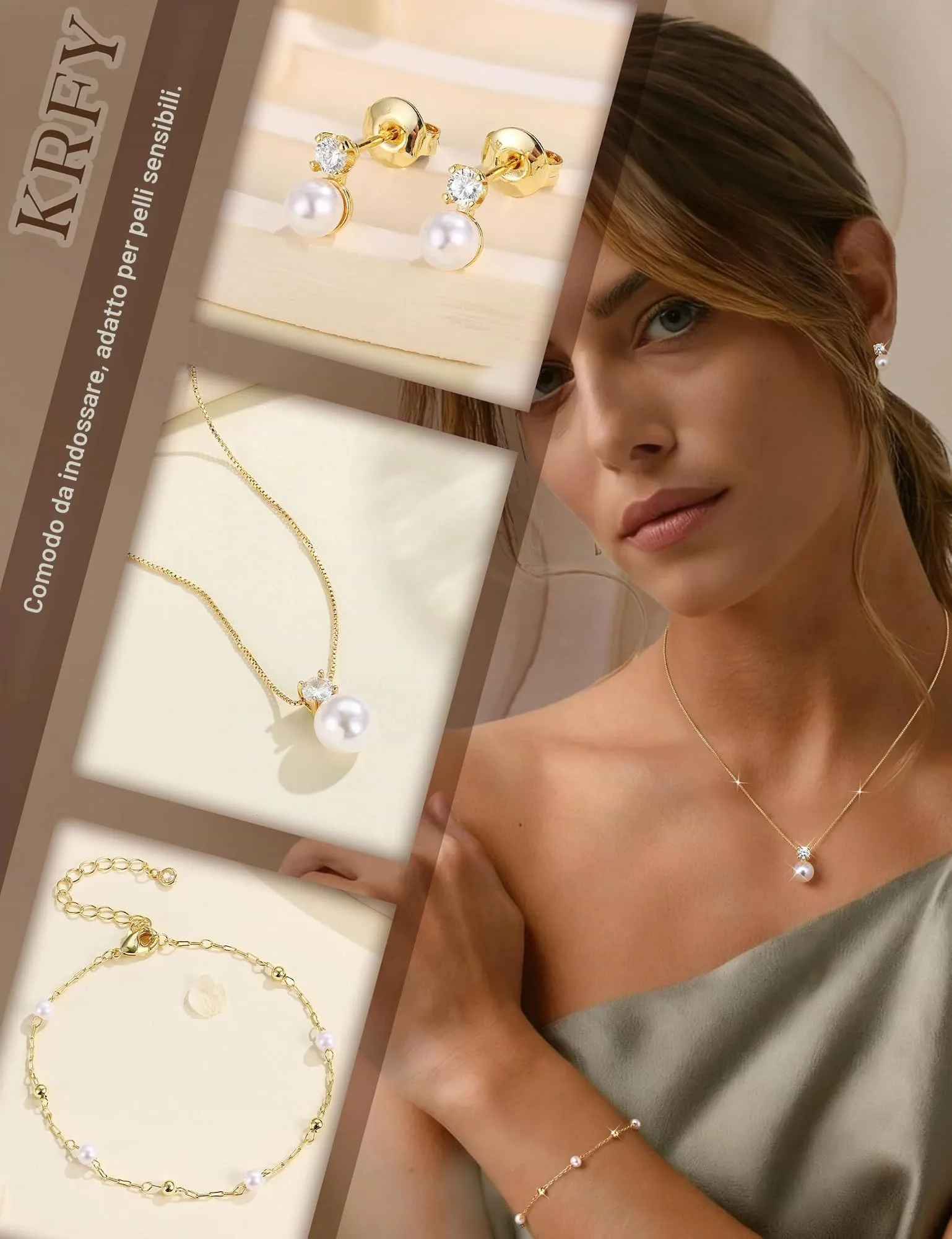 KRFY Set di Gioielli in Acciaio Inossidabile con Perle e CZ, Collana, Bracciale e Orecchini - Oro Perla - immagine 4
