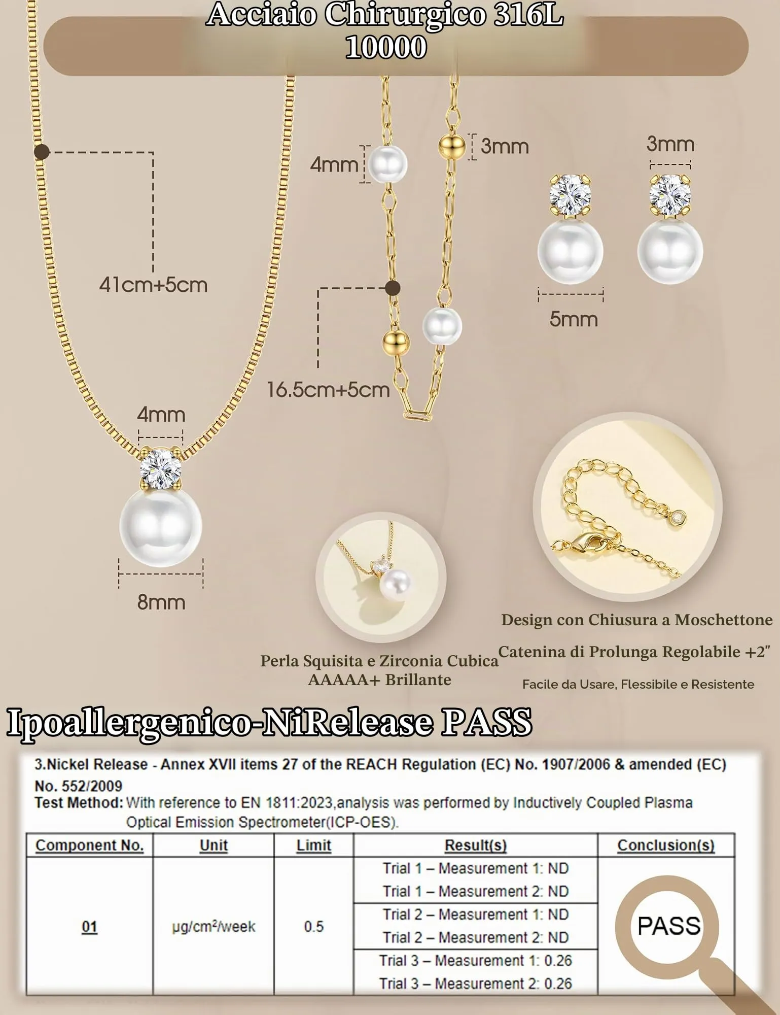 KRFY Set di Gioielli in Acciaio Inossidabile con Perle e CZ, Collana, Bracciale e Orecchini - Oro Perla - immagine 5