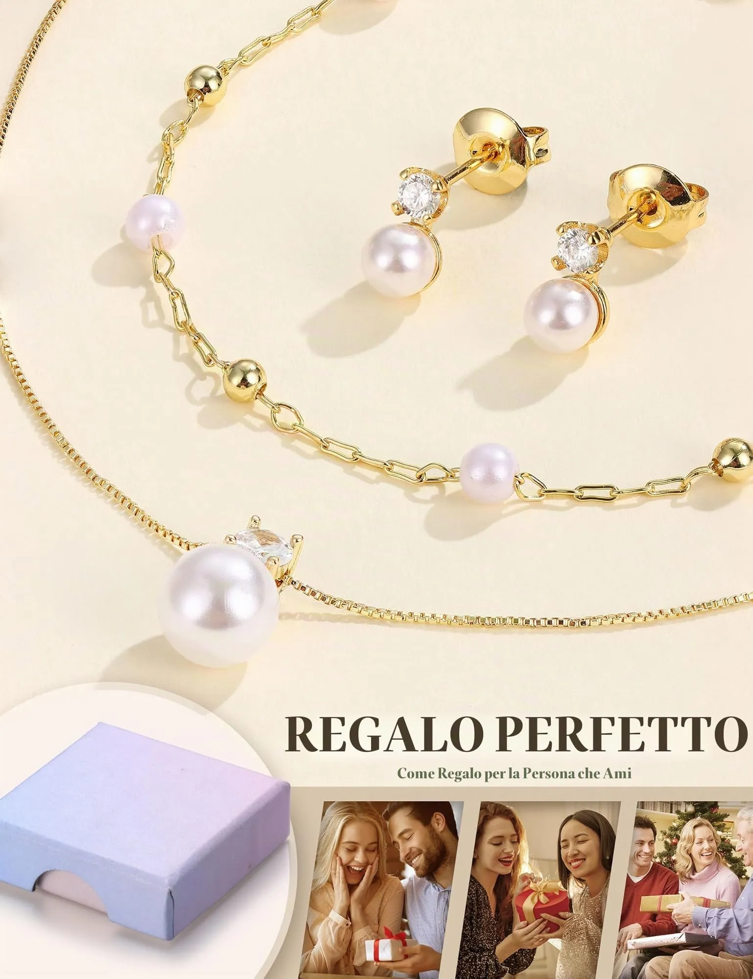 KRFY Set di Gioielli in Acciaio Inossidabile con Perle e CZ, Collana, Bracciale e Orecchini - Oro Perla - immagine 6