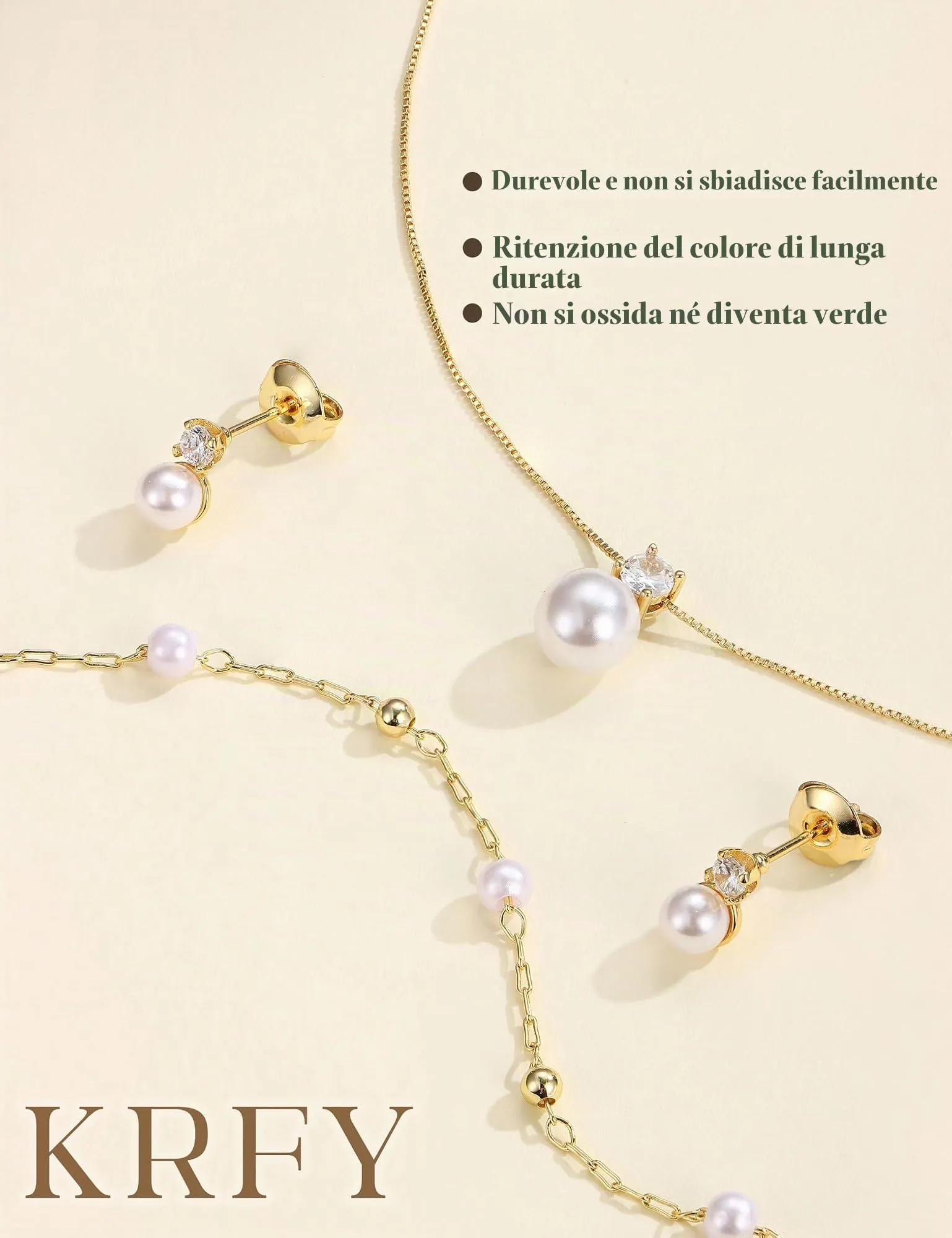 KRFY Set di Gioielli in Acciaio Inossidabile con Perle e CZ, Collana, Bracciale e Orecchini - Oro Perla - immagine 8