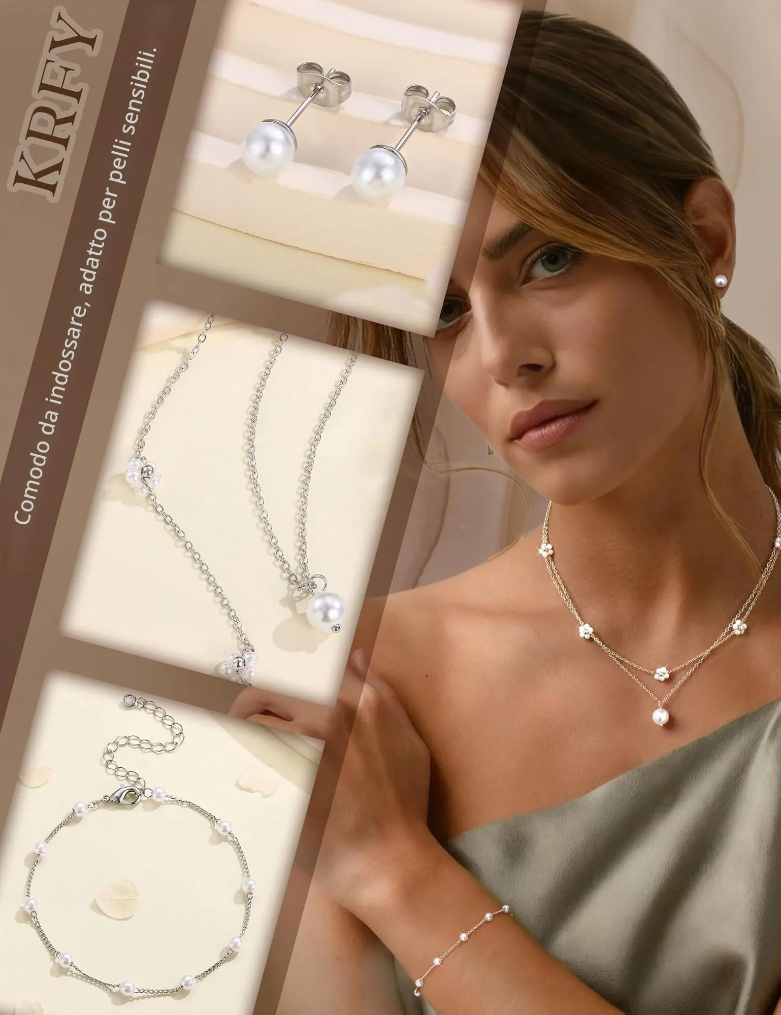 KRFY Set di Gioielli in Acciaio Inossidabile con Perle e Fiore, Collana, Bracciale e Orecchini - Argento - immagine 4
