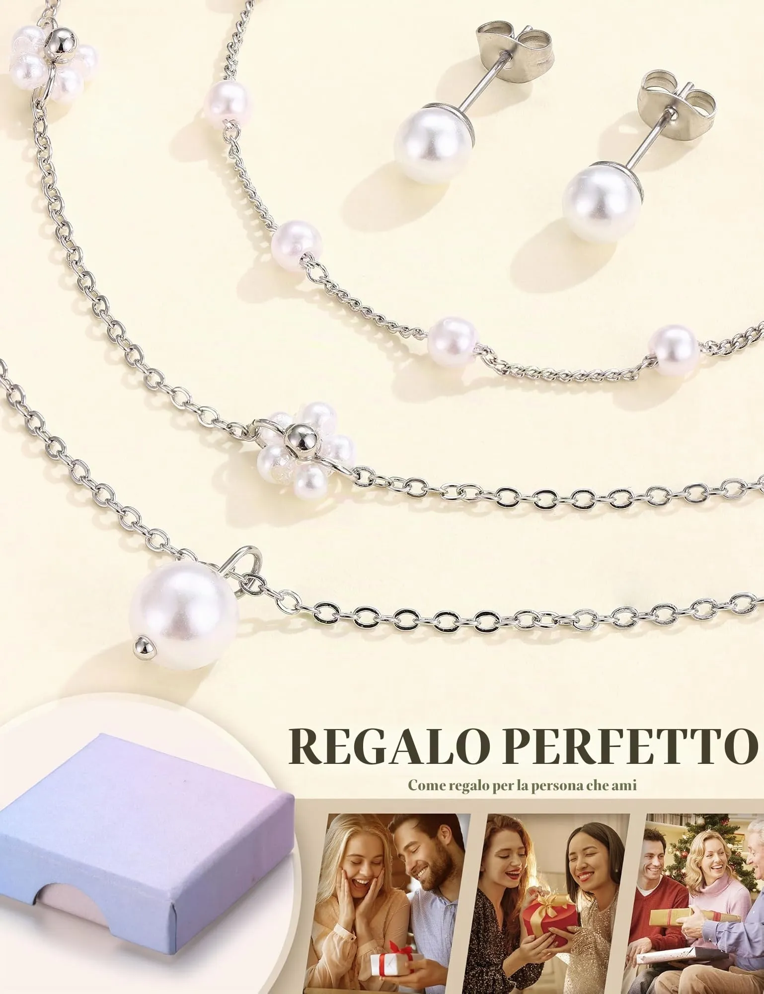 KRFY Set di Gioielli in Acciaio Inossidabile con Perle e Fiore, Collana, Bracciale e Orecchini - Argento - immagine 6