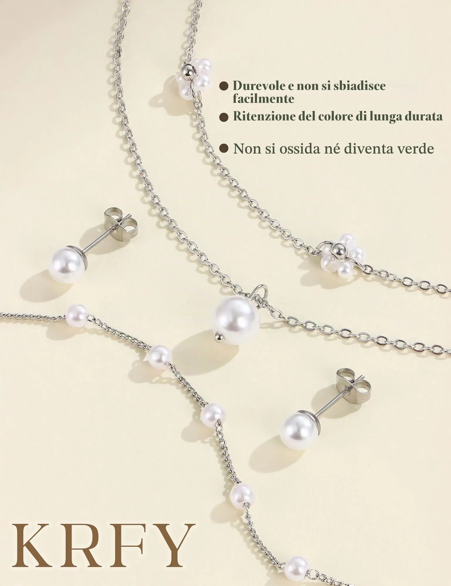 KRFY Set di Gioielli in Acciaio Inossidabile con Perle e Fiore, Collana, Bracciale e Orecchini - Argento - immagine 7