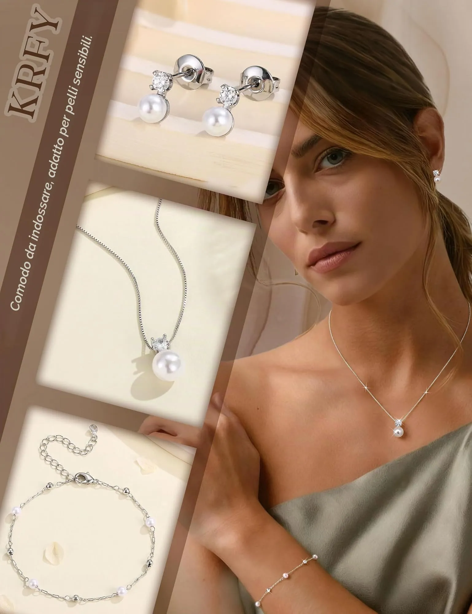 KRFY Set di Gioielli in Acciaio Inossidabile con Perle, Collana, Bracciale e Orecchini - Argento Perla - immagine 4