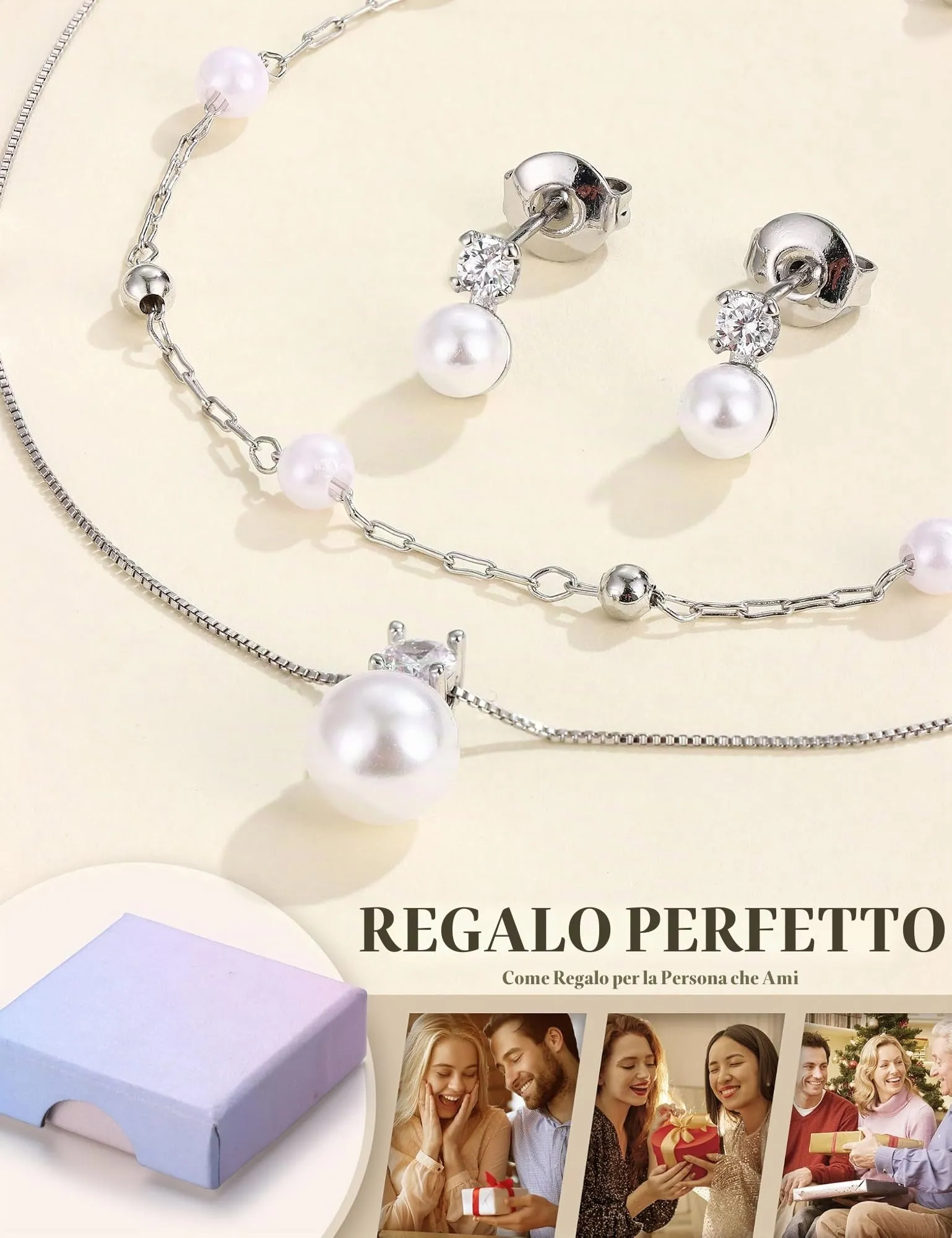 KRFY Set di Gioielli in Acciaio Inossidabile con Perle, Collana, Bracciale e Orecchini - Argento Perla - immagine 6