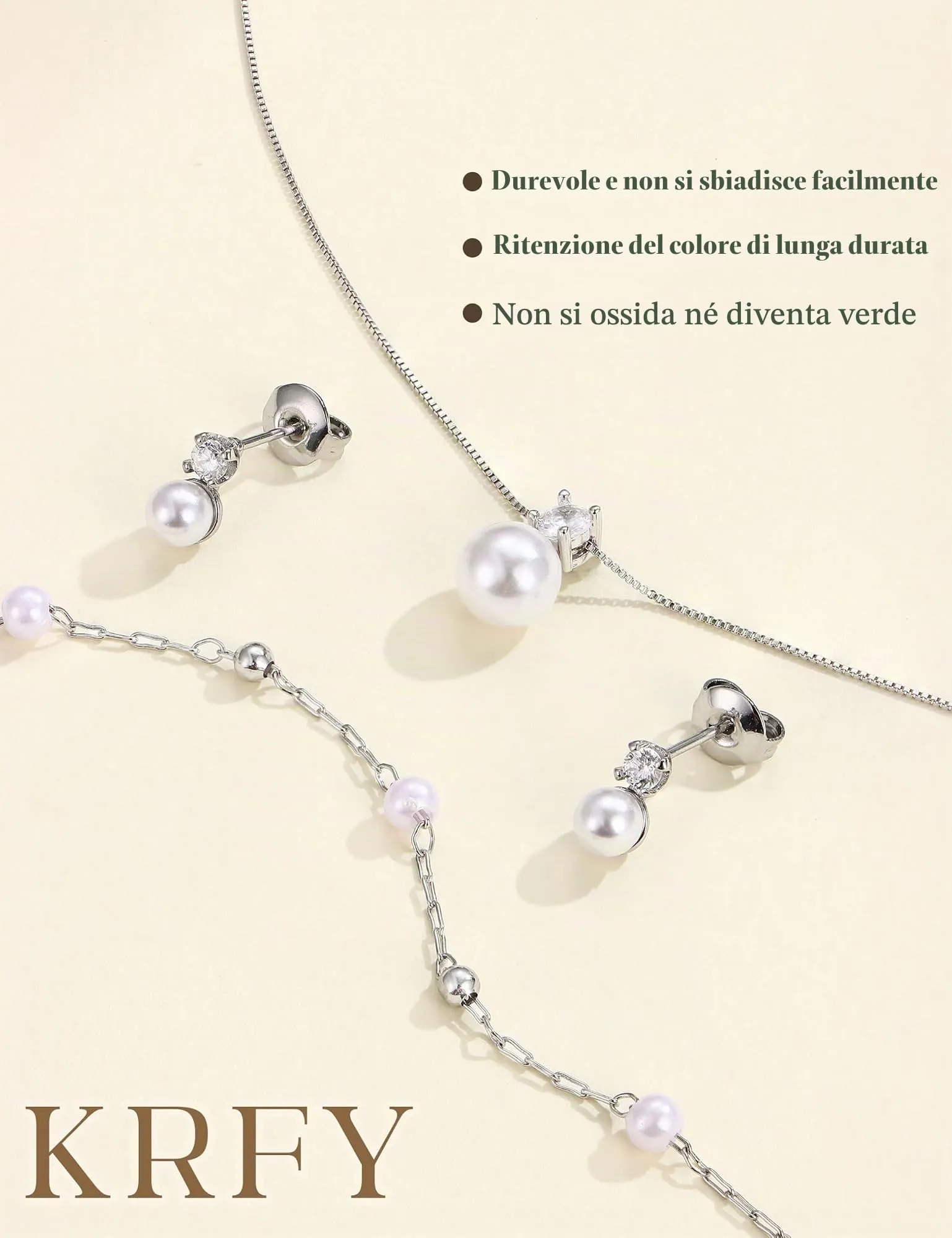 KRFY Set di Gioielli in Acciaio Inossidabile con Perle, Collana, Bracciale e Orecchini - Argento Perla - immagine 8