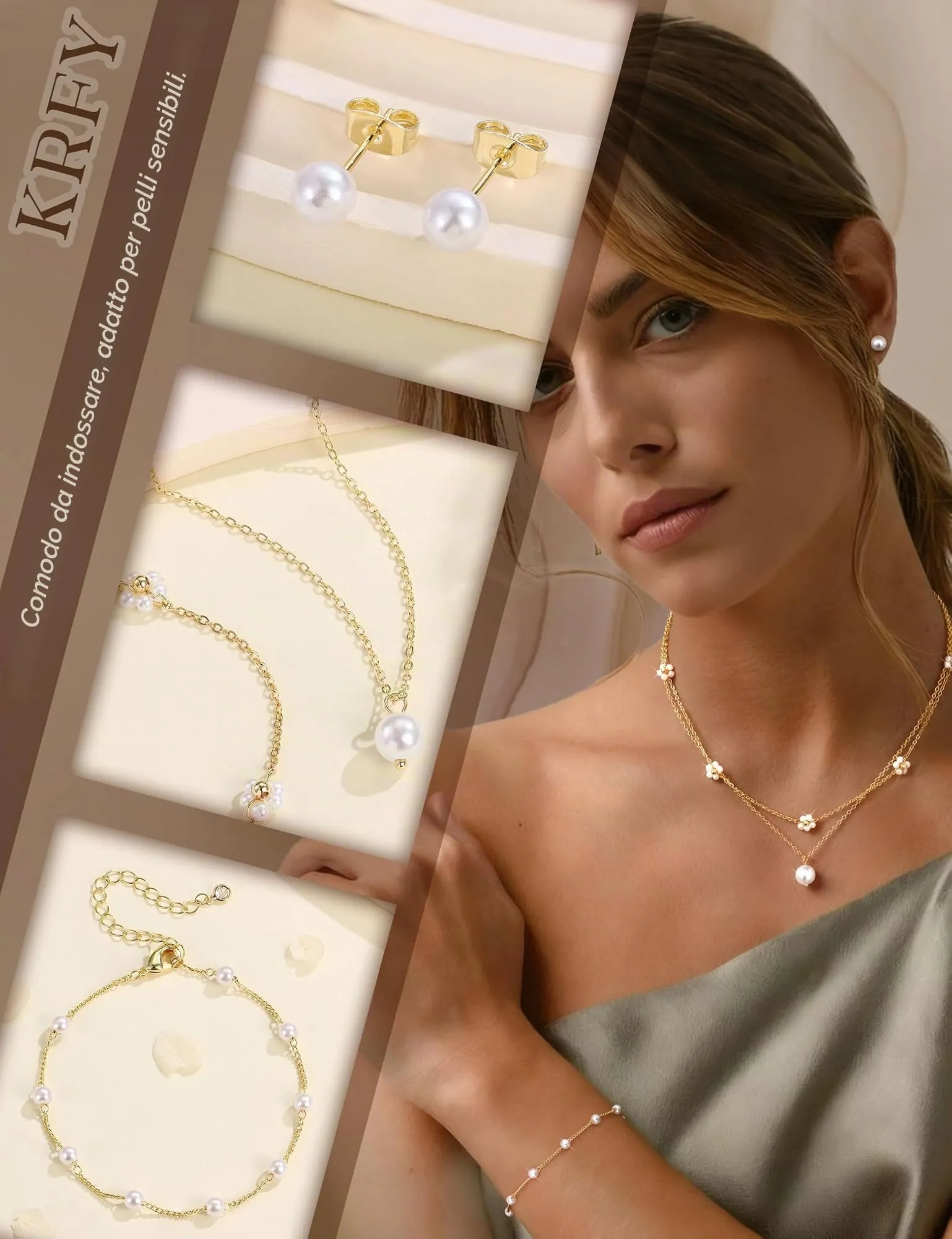 KRFY Set di Gioielli in Acciaio Inossidabile con Perle, Collana, Bracciale e Orecchini - Oro Perla Fiore - immagine 4