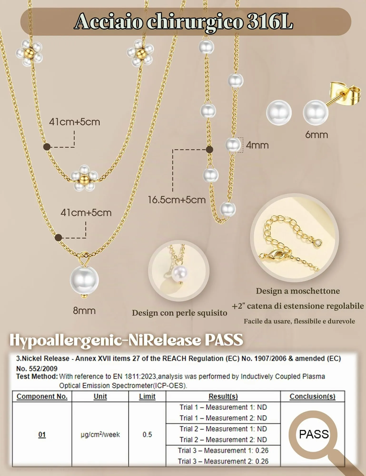 KRFY Set di Gioielli in Acciaio Inossidabile con Perle, Collana, Bracciale e Orecchini - Oro Perla Fiore - immagine 5