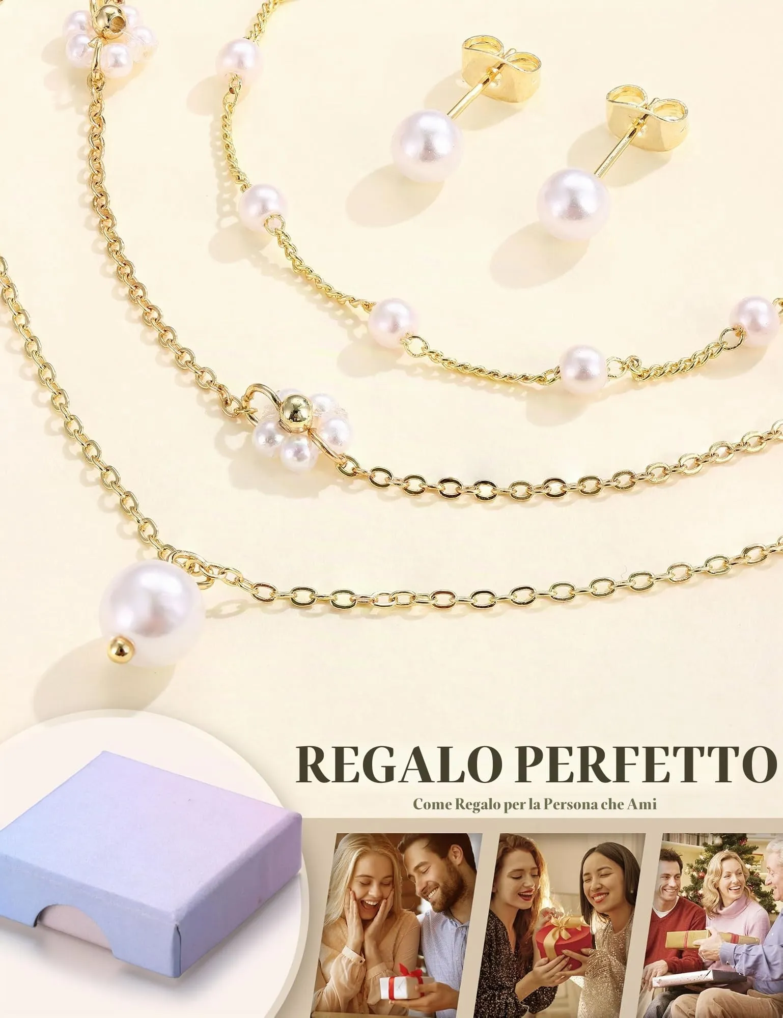 KRFY Set di Gioielli in Acciaio Inossidabile con Perle, Collana, Bracciale e Orecchini - Oro Perla Fiore - immagine 6