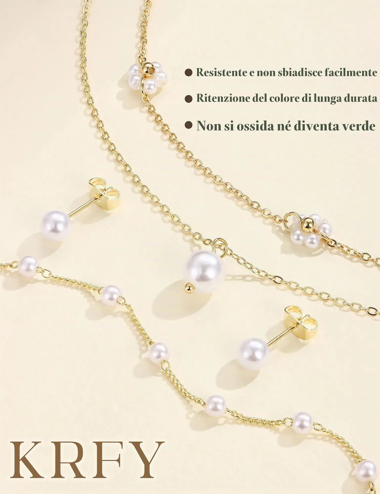 KRFY Set di Gioielli in Acciaio Inossidabile con Perle, Collana, Bracciale e Orecchini - Oro Perla Fiore - immagine 8