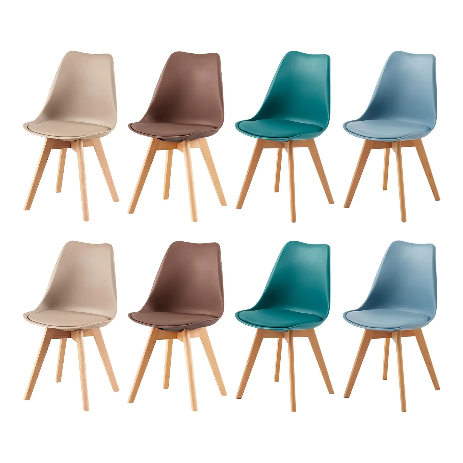 EGGREE Set di 8 Sedie da Sala da Pranzo in Faggio Massiccio e PU, Design Moderno Scandinavo, Morandi Azzurro, Turchese, Kaki Chiaro, Marrone Cioccolato - immagine 1