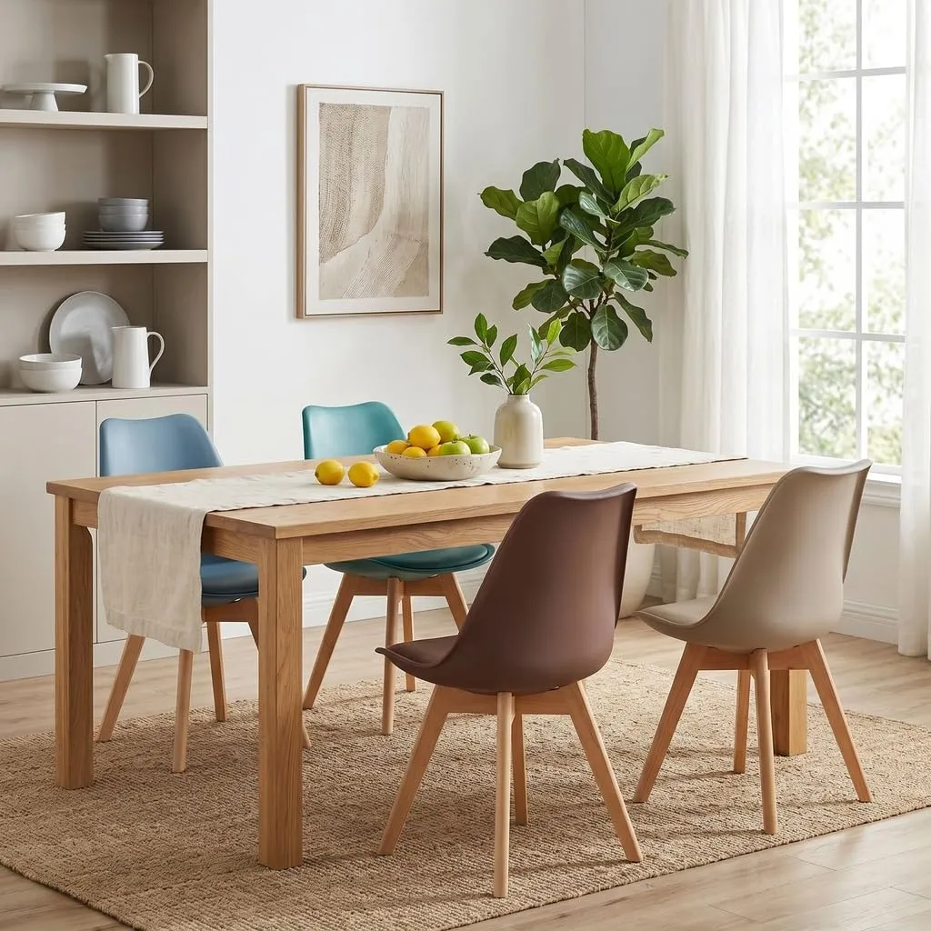 EGGREE Set di 8 Sedie da Sala da Pranzo in Faggio Massiccio e PU, Design Moderno Scandinavo, Morandi Azzurro, Turchese, Kaki Chiaro, Marrone Cioccolato - immagine 4