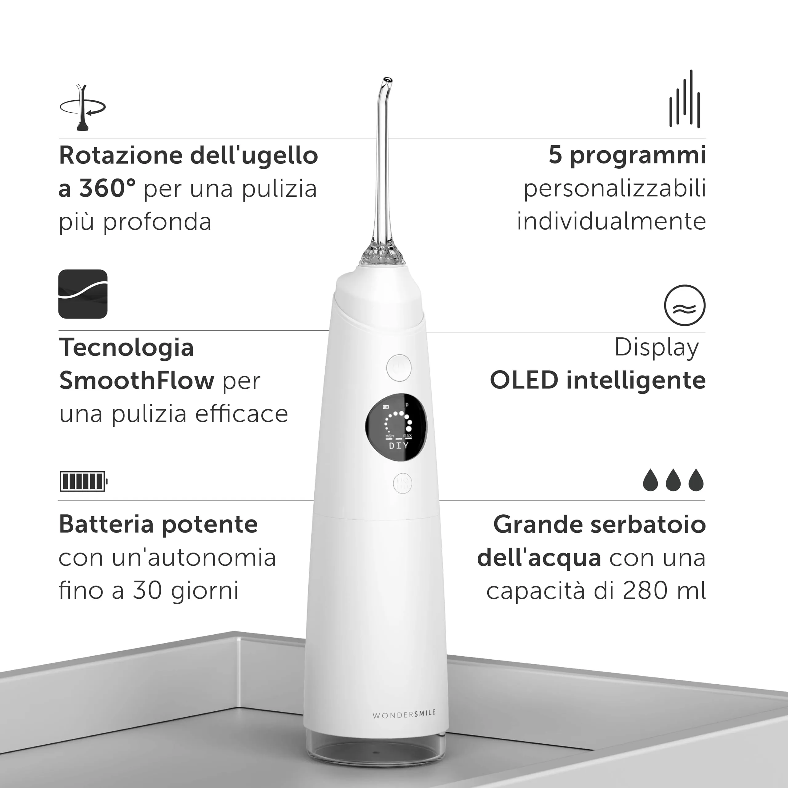 WonderSmile Irrigatore Orale Pro SmoothFlow, 5 modalità, Batteria 30 giorni, All White - immagine 2