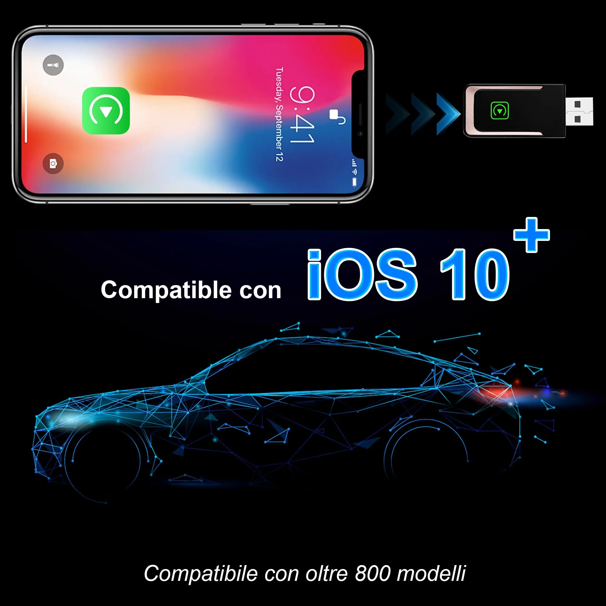 Alltolink Adattatore CarPlay Wireless da Cablato a Senza Fili, iOS 10+ - immagine 6