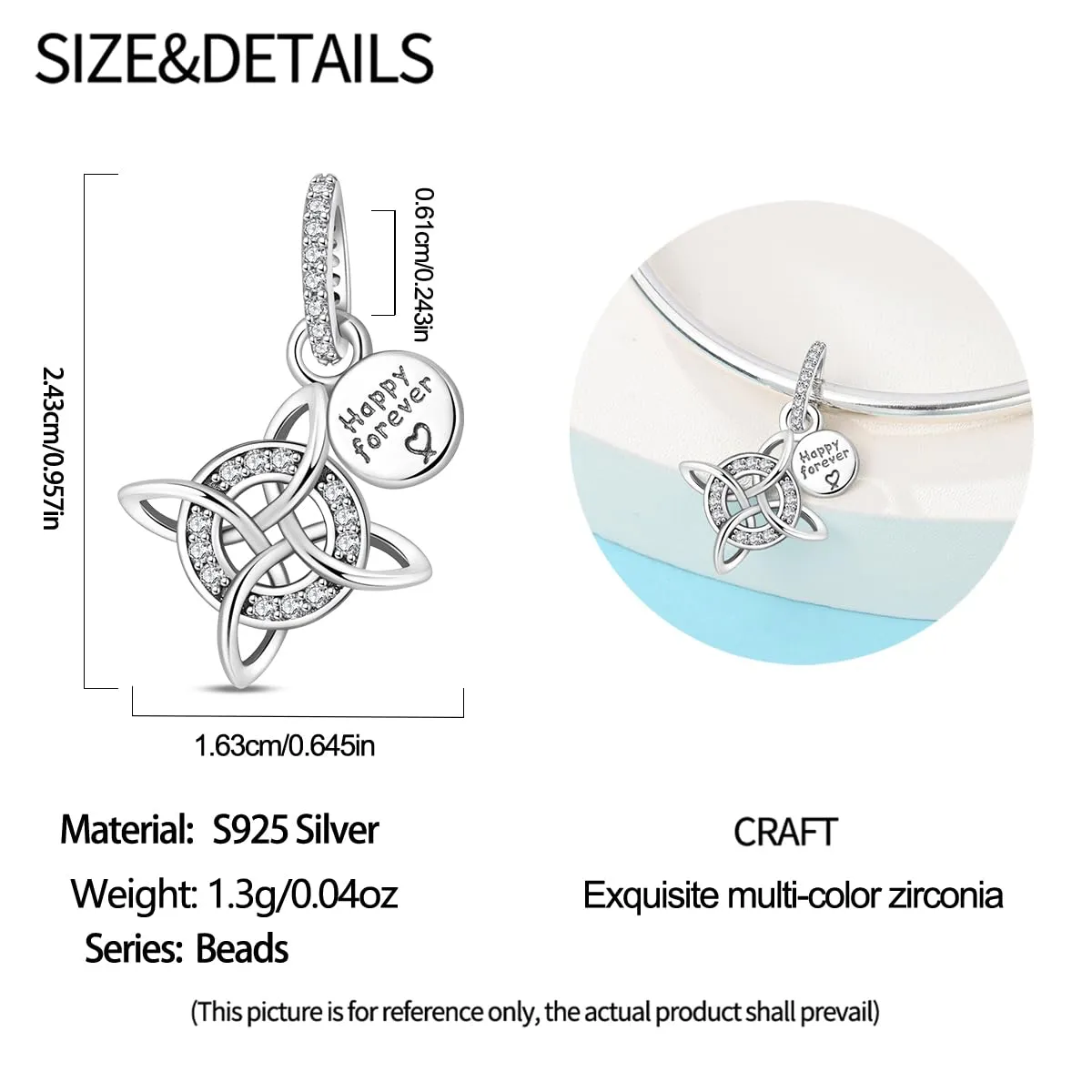 TINSLO Bead Charm in Argento Sterling 925 con Cubic Zirconia, Compatibile con Braccialetti e Collane Pandora e Europei - immagine 5