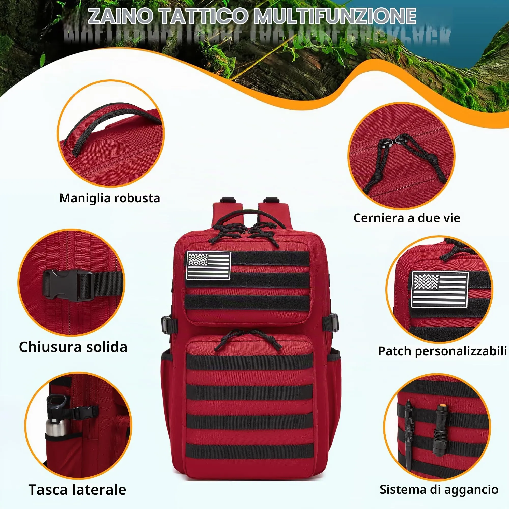 Wotony Zaino Tattico Militare Impermeabile, Sistema Molle, 35L, Solidi Getaway - immagine 4