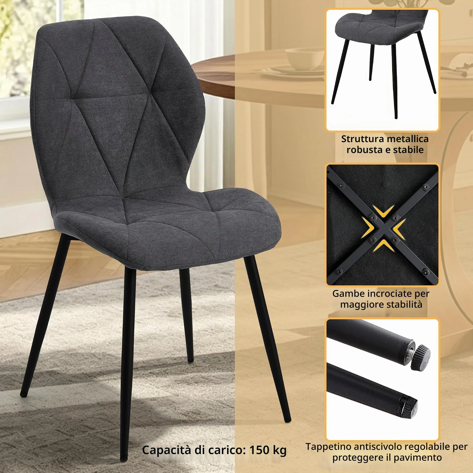 GrandCA HOME Set di 2 Sedie da Pranzo Imbottite con Gambe in Metallo, Tessuto a Rombi, Grigio Scuro-R - immagine 6