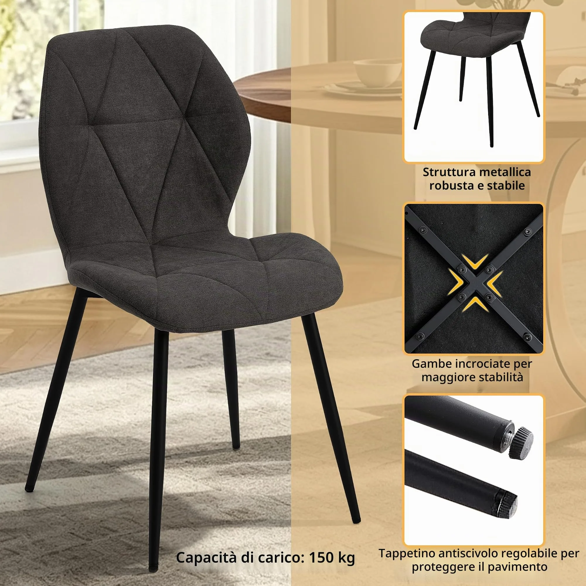 GrandCA HOME Set di 6 Sedie da Pranzo Imbottite in Tessuto a Rombi con Gambe in Metallo, Nero-R - immagine 6