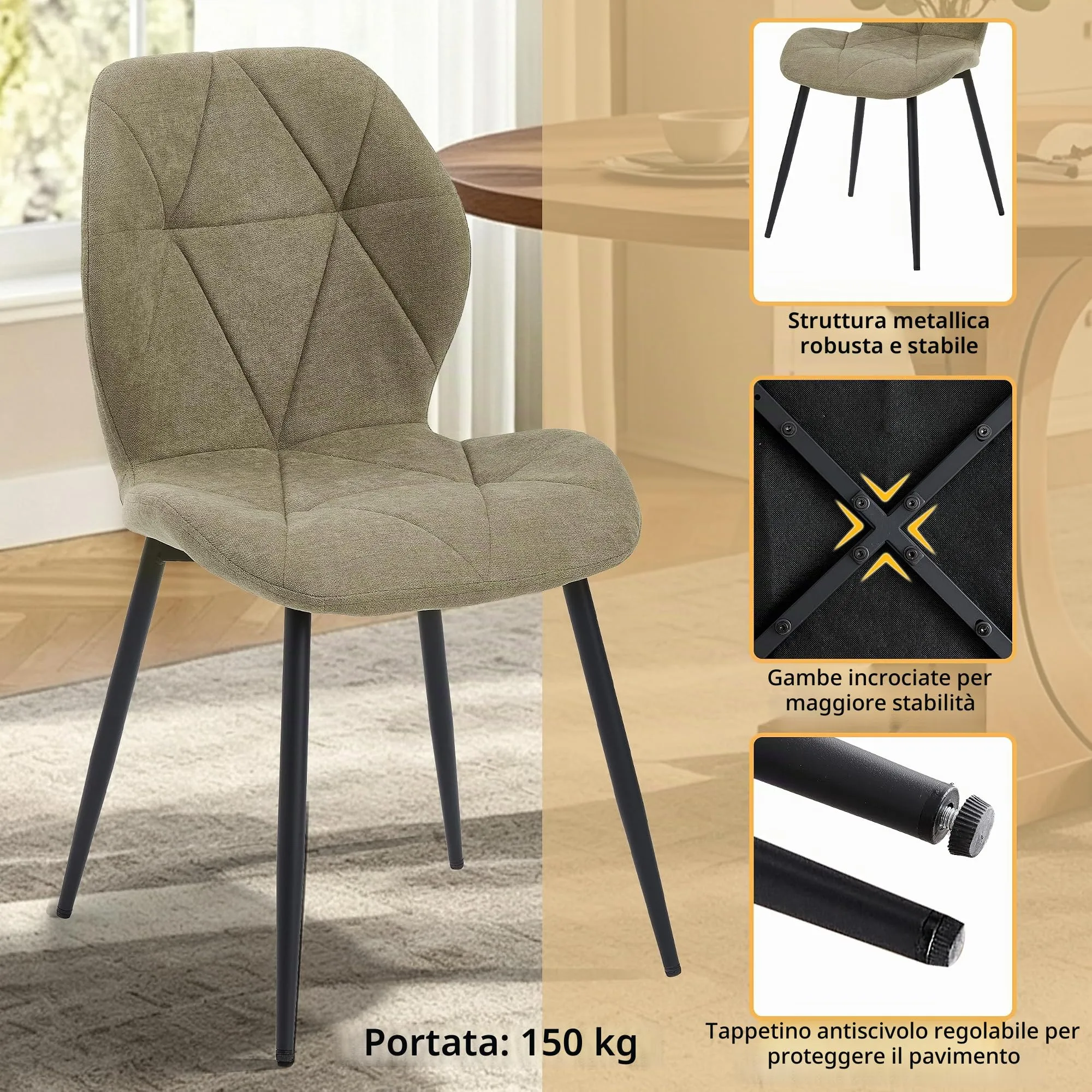 GrandCA HOME Set di 2 Sedie da Pranzo Imbottite in Tessuto a Rombi con Gambe in Metallo, Fagiolo verde-R - immagine 5