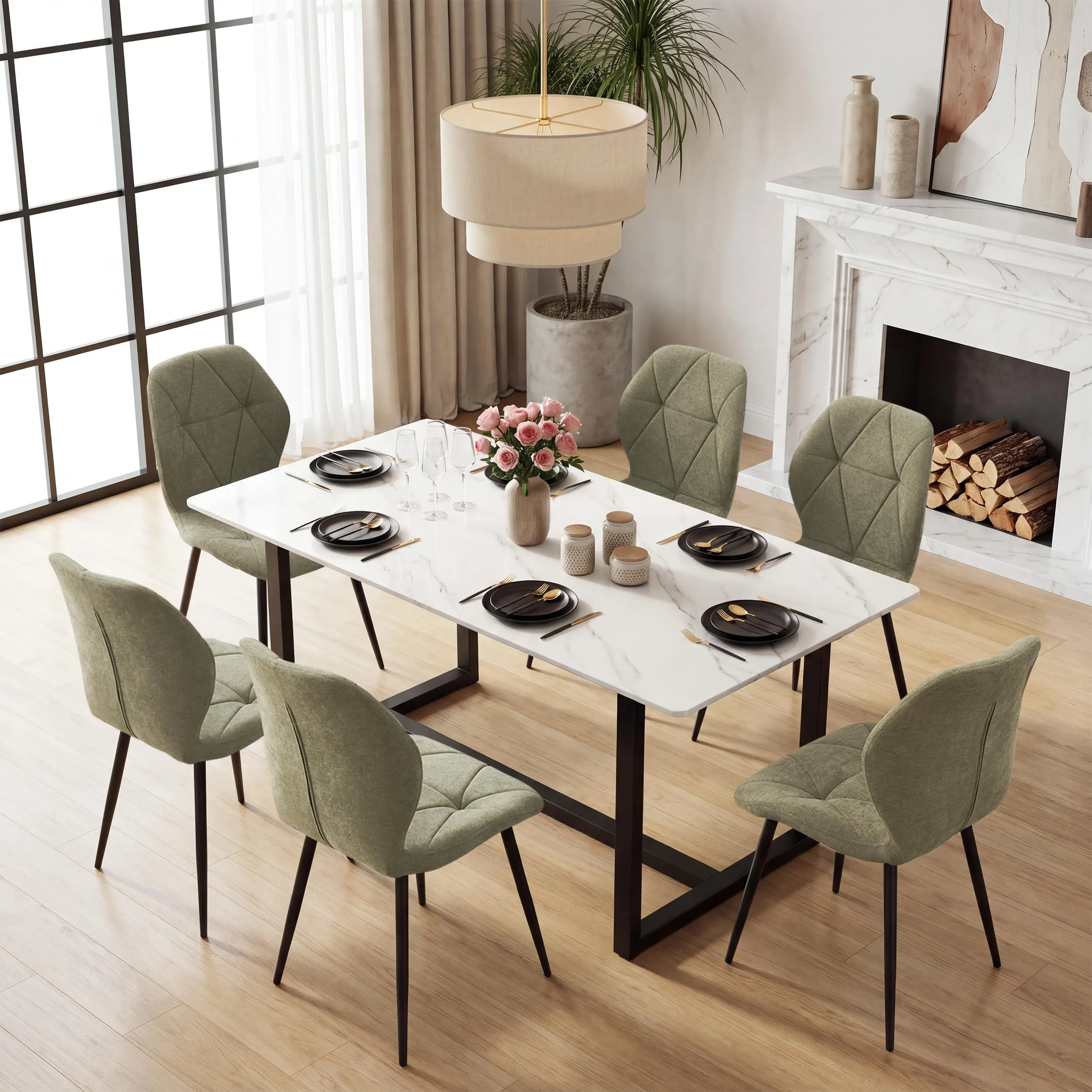 GrandCA HOME Set di 2 Sedie da Pranzo Imbottite in Tessuto a Rombi con Gambe in Metallo, Fagiolo verde-R - immagine 6