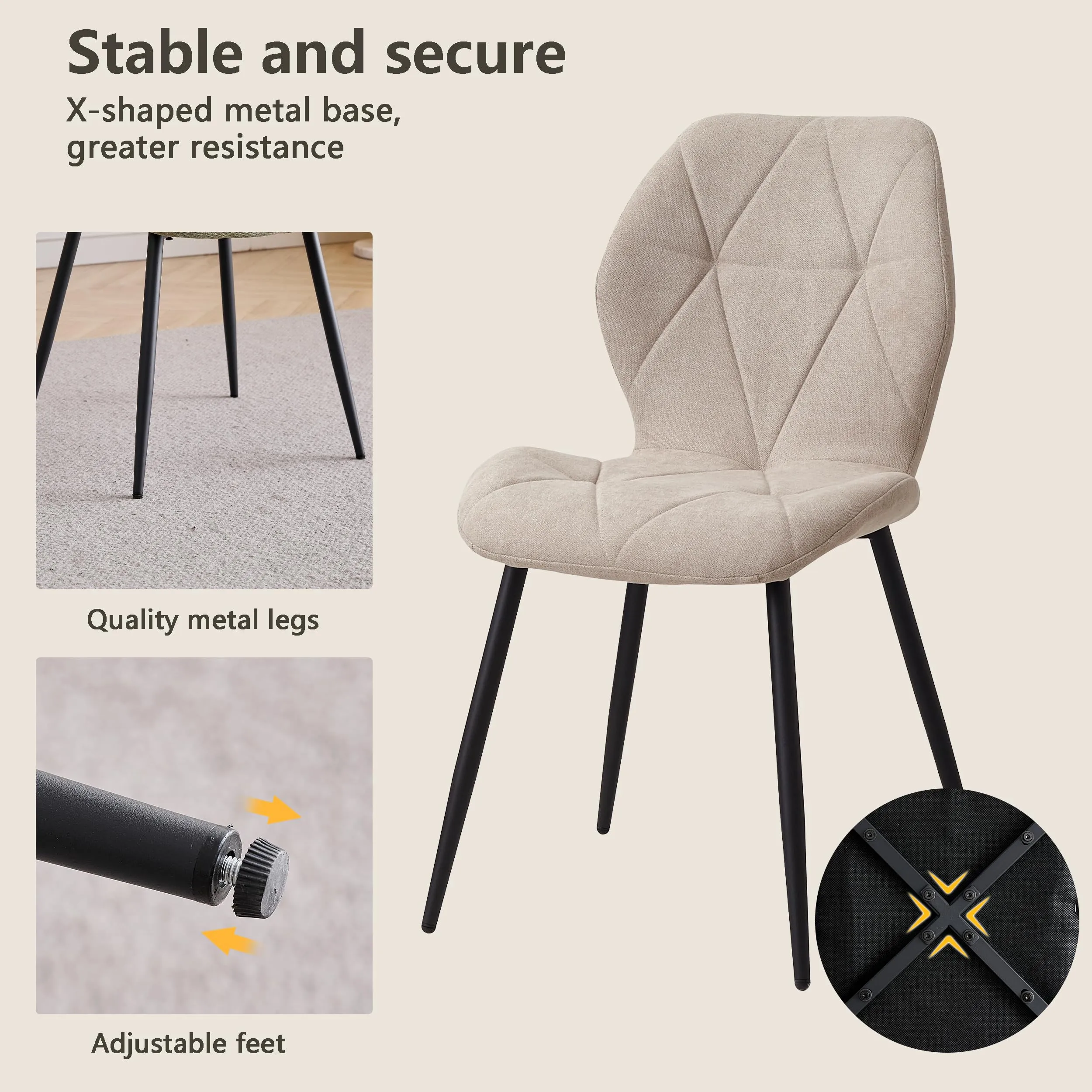 GrandCA HOME Set di 6 Sedie da Pranzo Imbottite in Tessuto a Rombi con Gambe in Metallo, Beige-R - immagine 4