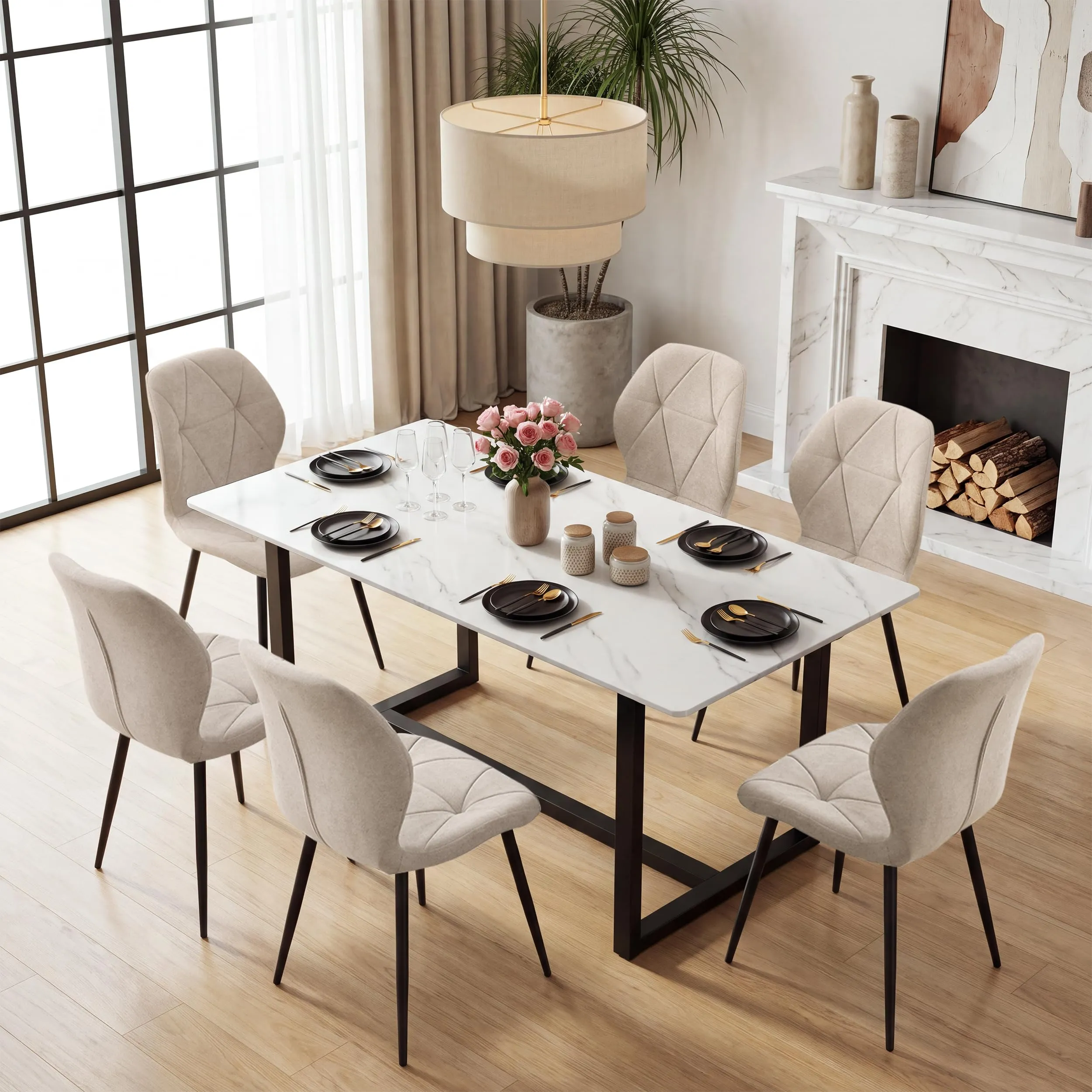 GrandCA HOME Set di 6 Sedie da Pranzo Imbottite in Tessuto a Rombi con Gambe in Metallo, Beige-R - immagine 6