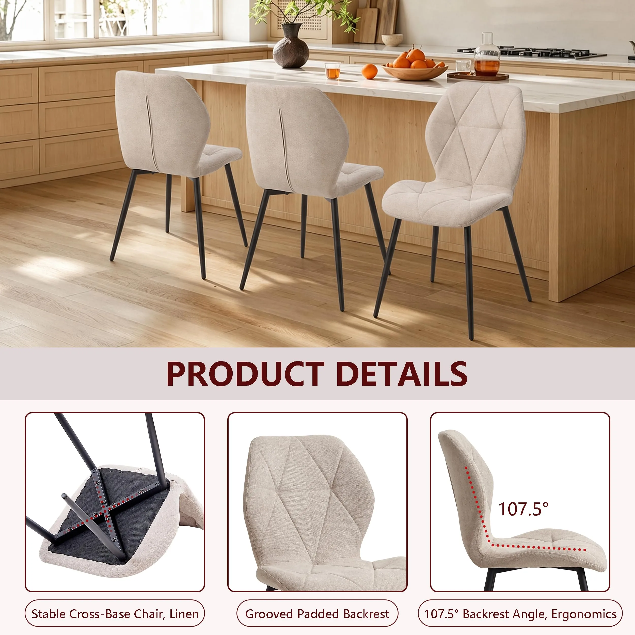 GrandCA HOME Set di 6 Sedie da Pranzo Imbottite in Tessuto a Rombi con Gambe in Metallo, Beige-R - immagine 9