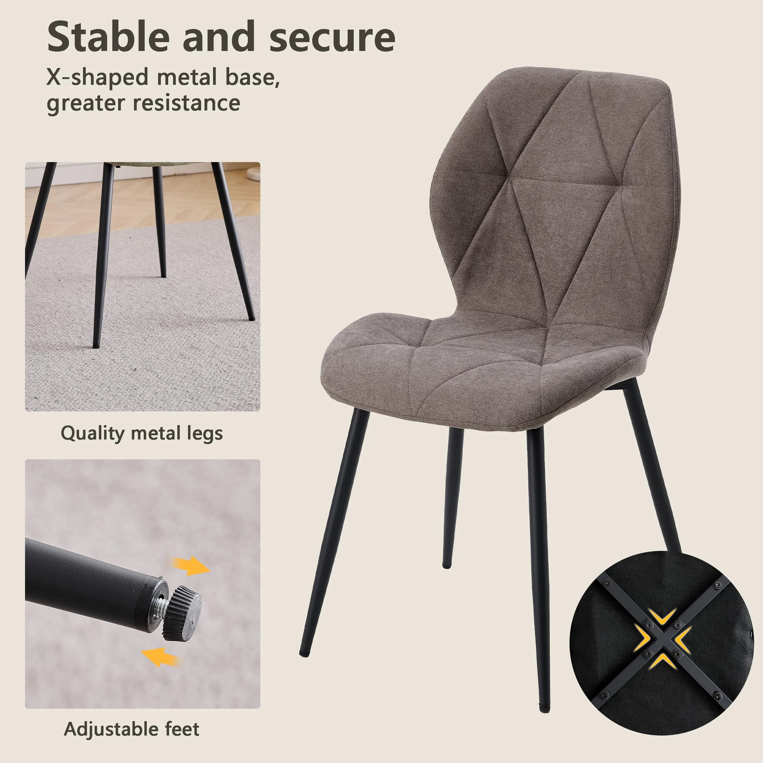 GrandCA HOME Set di 2 Sedie da Pranzo Imbottite in Tessuto a Rombi con Gambe in Metallo, Marrone-R - immagine 5