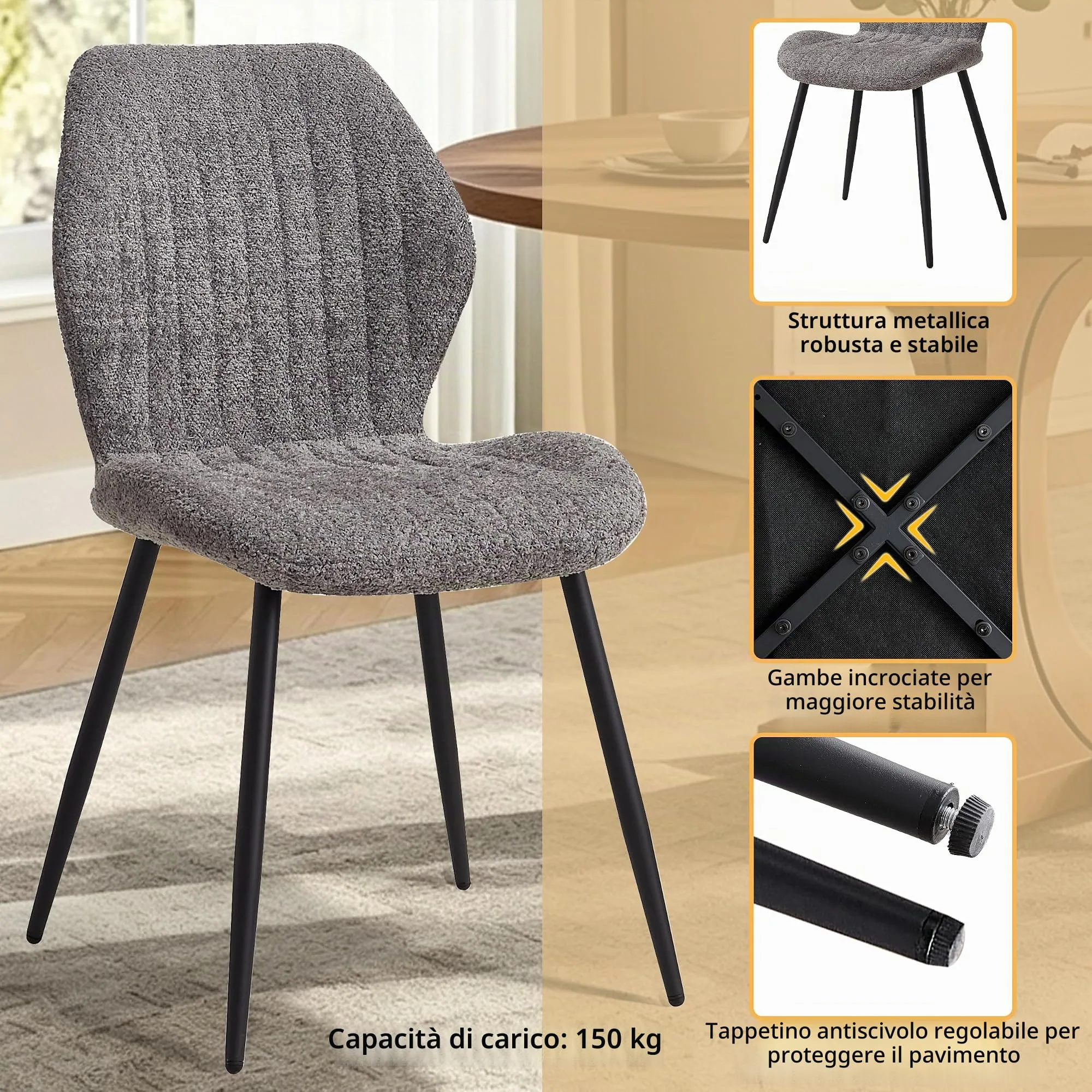 GrandCA HOME Set di 6 Sedie da Pranzo Imbottite, Sedie da Cucina Nordiche con Gambe in Metallo, Tessuto, Grigio - immagine 4