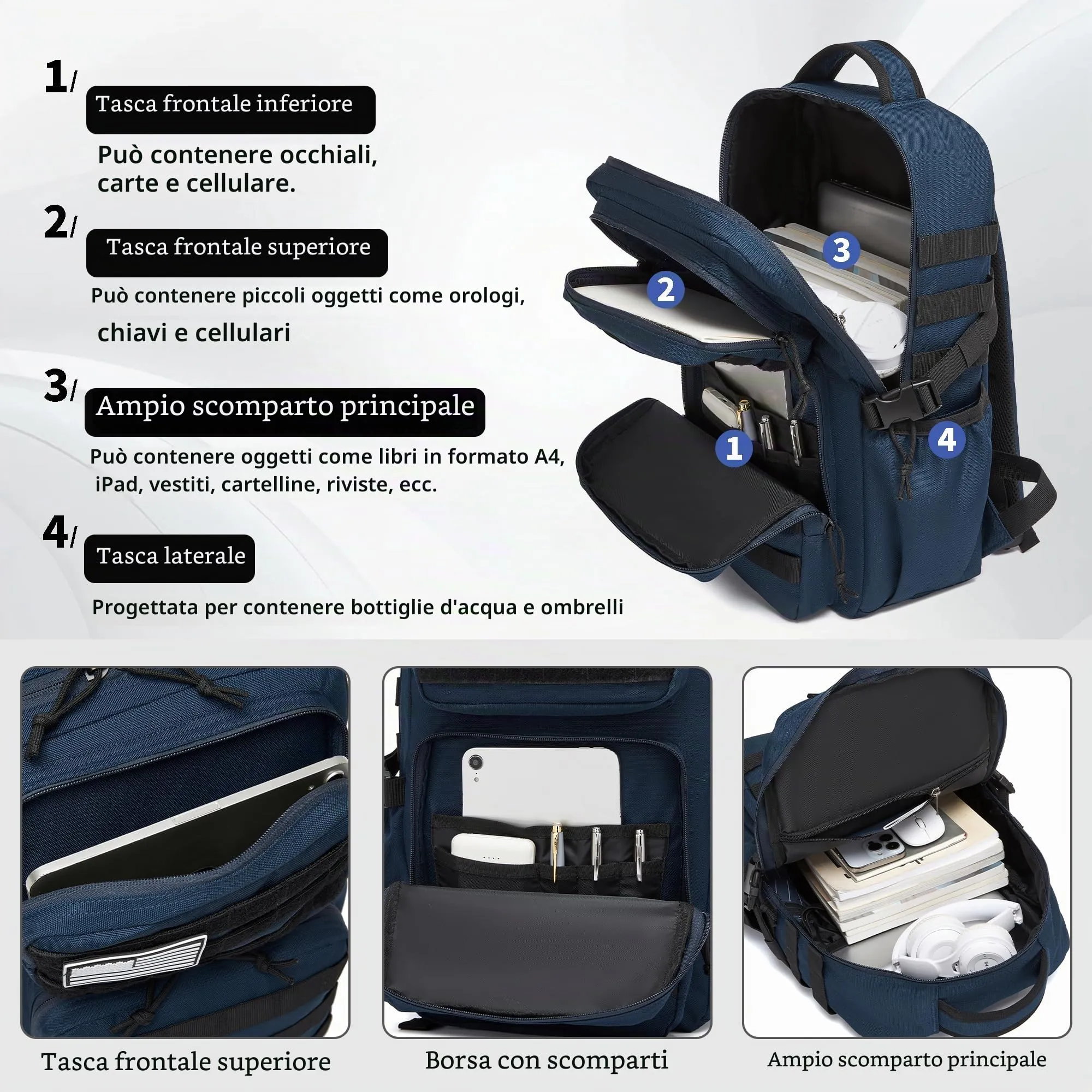 Wotony Zaino Tattico Militare Impermeabile, Sistema Molle, 25L, Blu - immagine 2