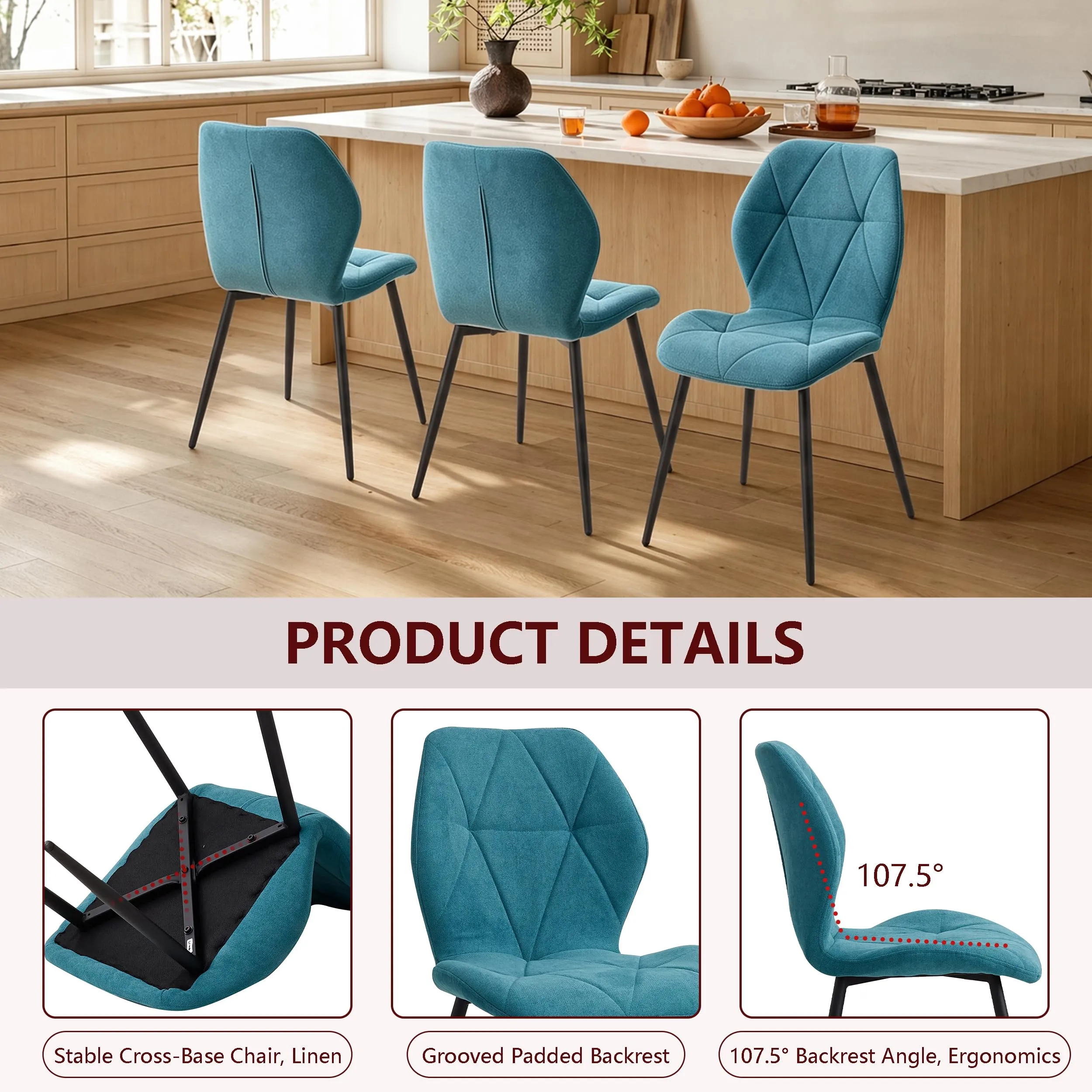 GrandCA HOME Set di 6 Sedie da Pranzo Imbottite in Tessuto a Rombi con Gambe in Metallo, Lago Blu-R - immagine 8