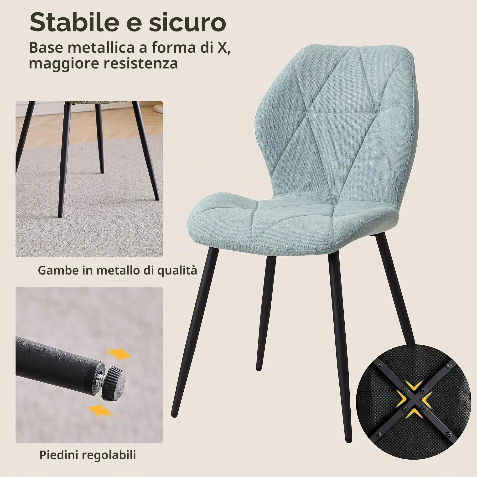 GrandCA HOME Set di 6 Sedie da Pranzo Imbottite in Tessuto a Rombi, Gambe in Metallo, Menta Verde-R - immagine 4