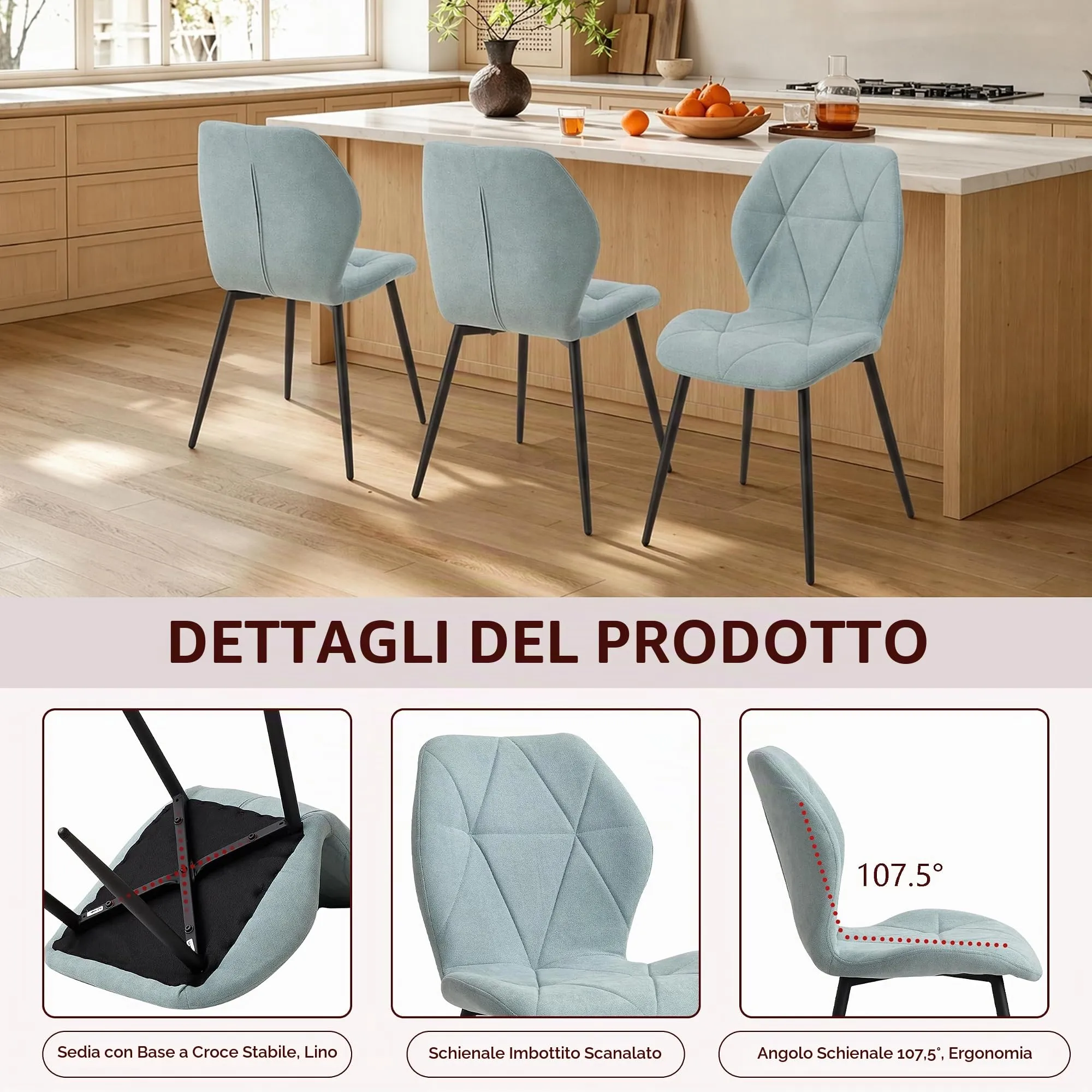 GrandCA HOME Set di 6 Sedie da Pranzo Imbottite in Tessuto a Rombi, Gambe in Metallo, Menta Verde-R - immagine 7
