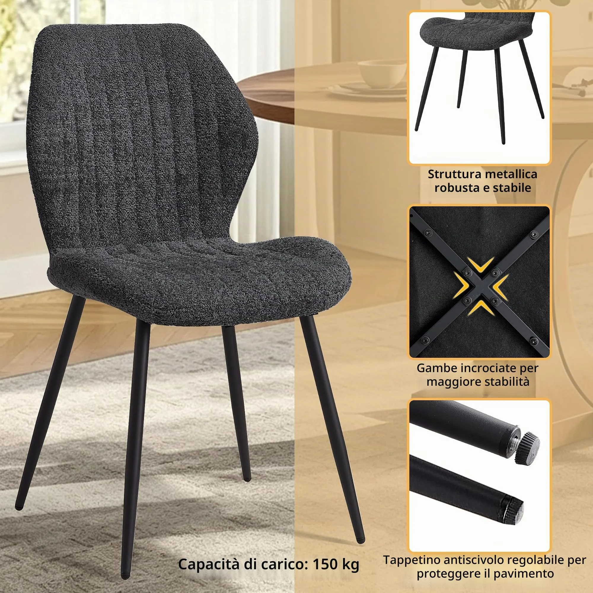 GrandCA HOME Set di 2 Sedie da Pranzo Imbottite, Nero - immagine 6